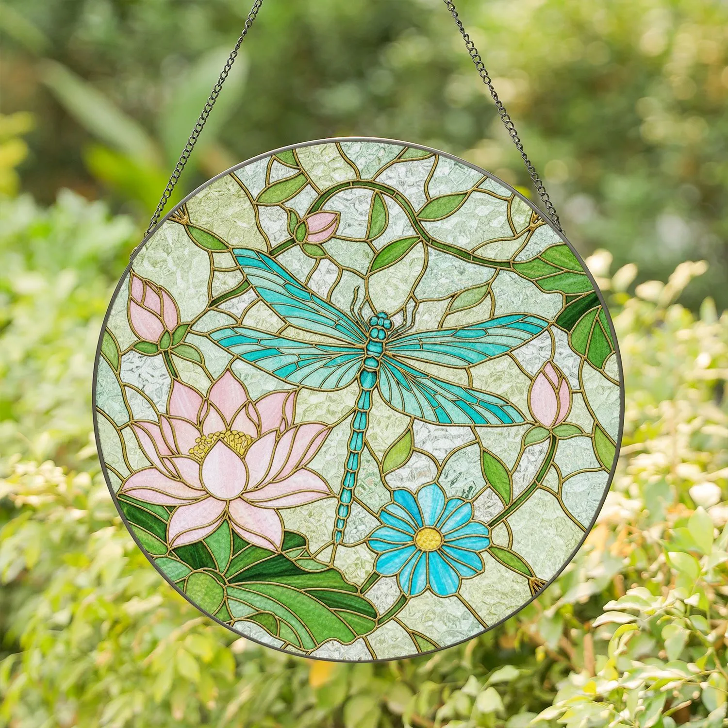 Translucent Dragonfly Lotus Stained Glass Art - Tiffany Style Jewel Tone Mosaic Stained Glass Suncatcher - 1