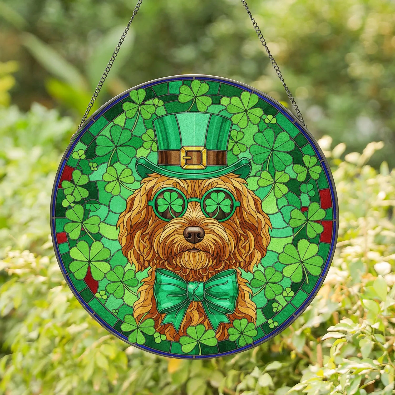 Fluffy Golden Dog Green Hat Shamrocks - St. Patrick's Day Tiffany Glass Style Dog Lover Gift Stained Glass Suncatcher - 1