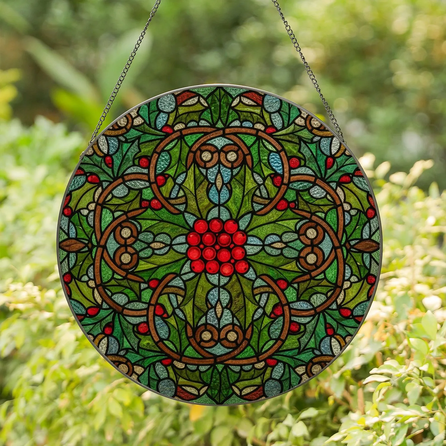 Highly Detailed Tiffany Style Red Holly Berries Green Leaves Stained Glass Mosaic Stained Glass Suncatcher - 1