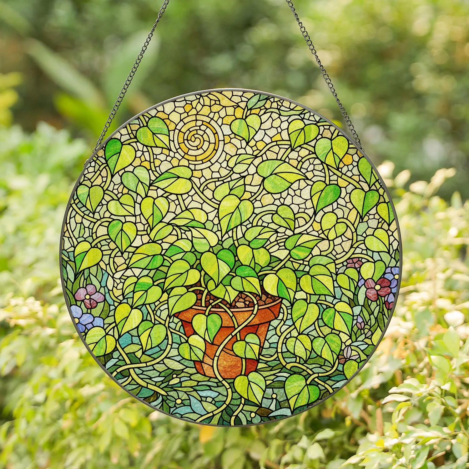 Vibrant Potted Pothos Plant Stained Glass Art - Heart Leaves Tiffany Style Garden Decor Stained Glass Suncatcher - 1