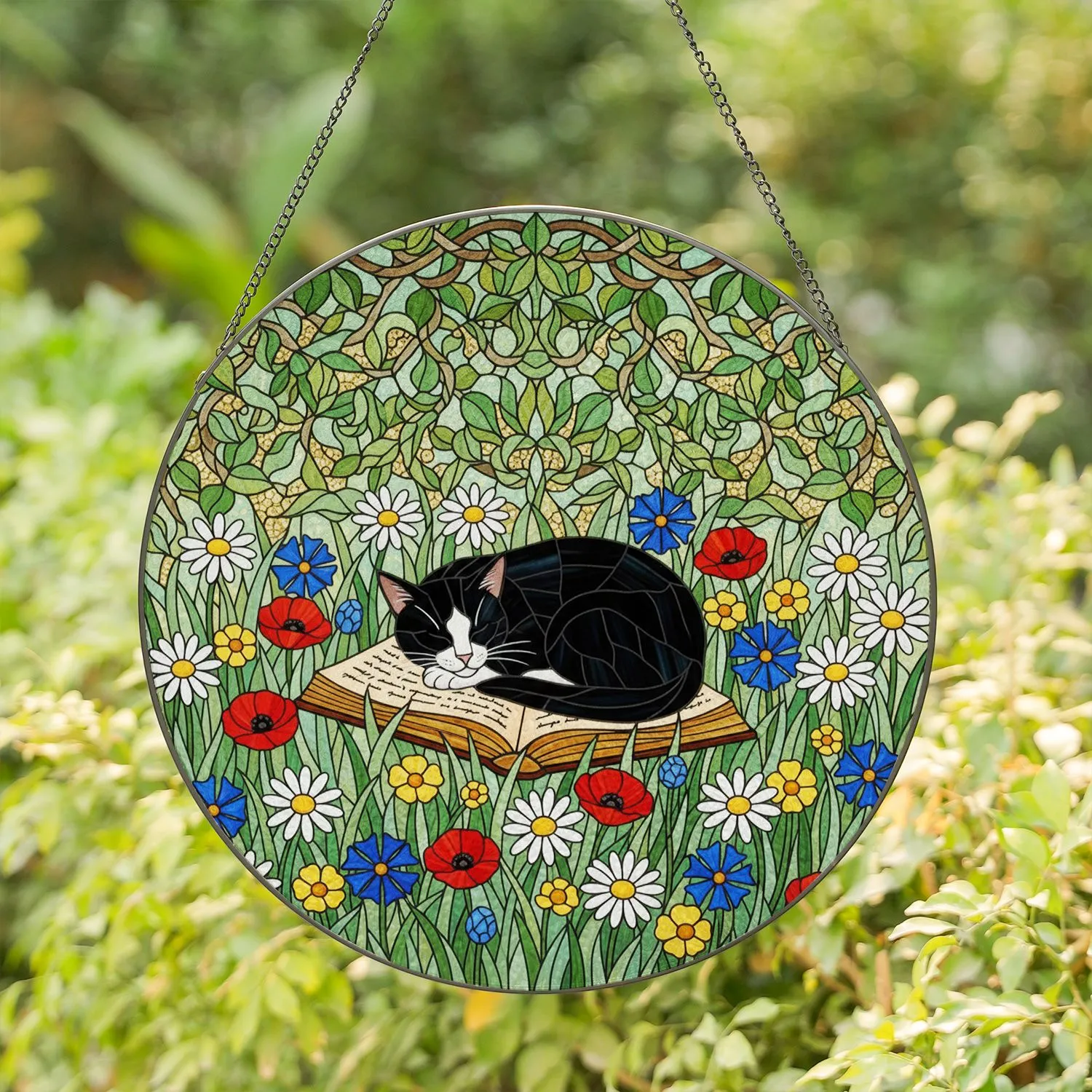 Sleeping Tuxedo Cat on Book, Meadow Daisies & Poppies - Tiffany Stained Glass Jewel Tones Stained Glass Suncatcher - 1