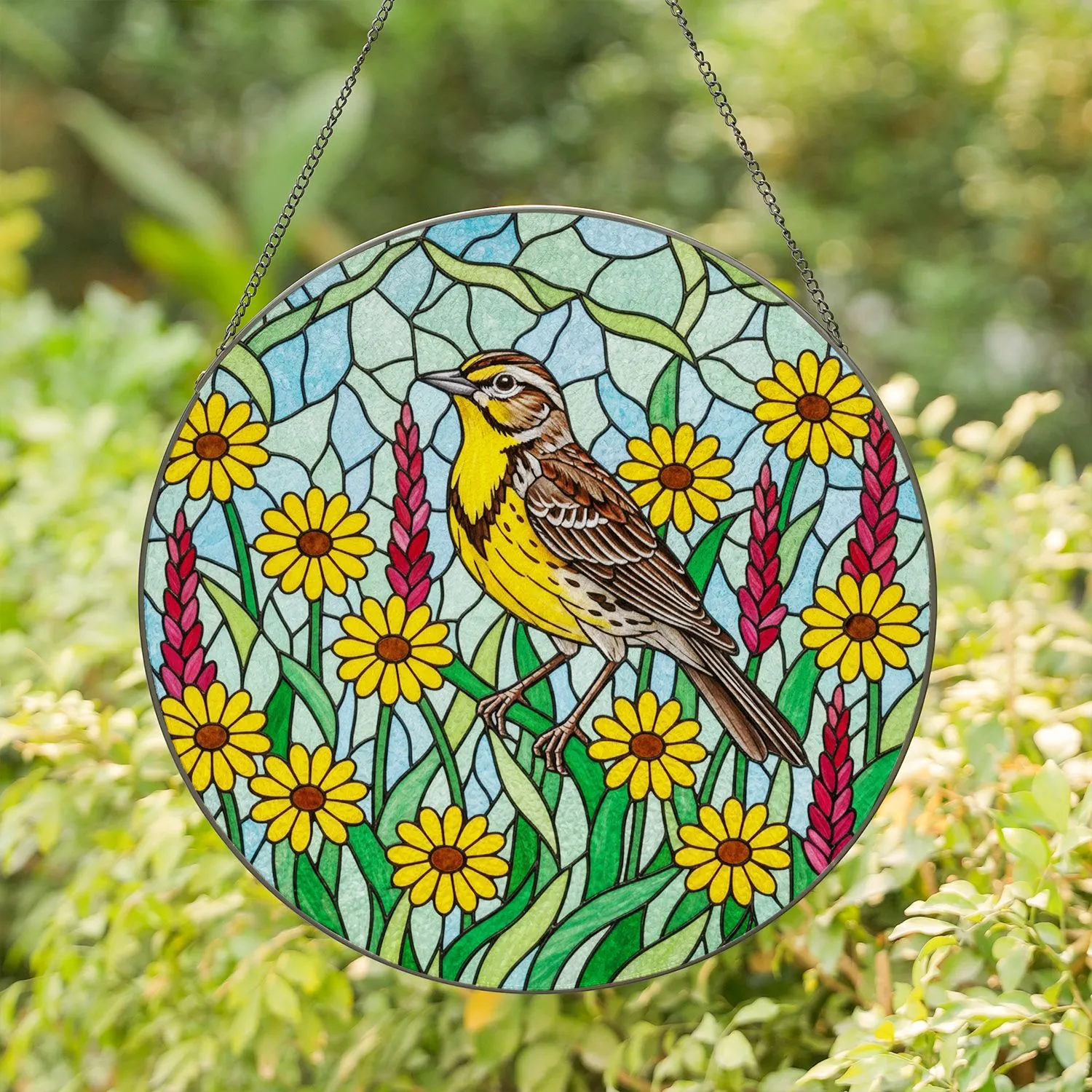 Meadowlark Bird Stained Glass Art - Tiffany Style Flower Mosaic Wildlife Nature Scene Home Decor Stained Glass Suncatcher - 1