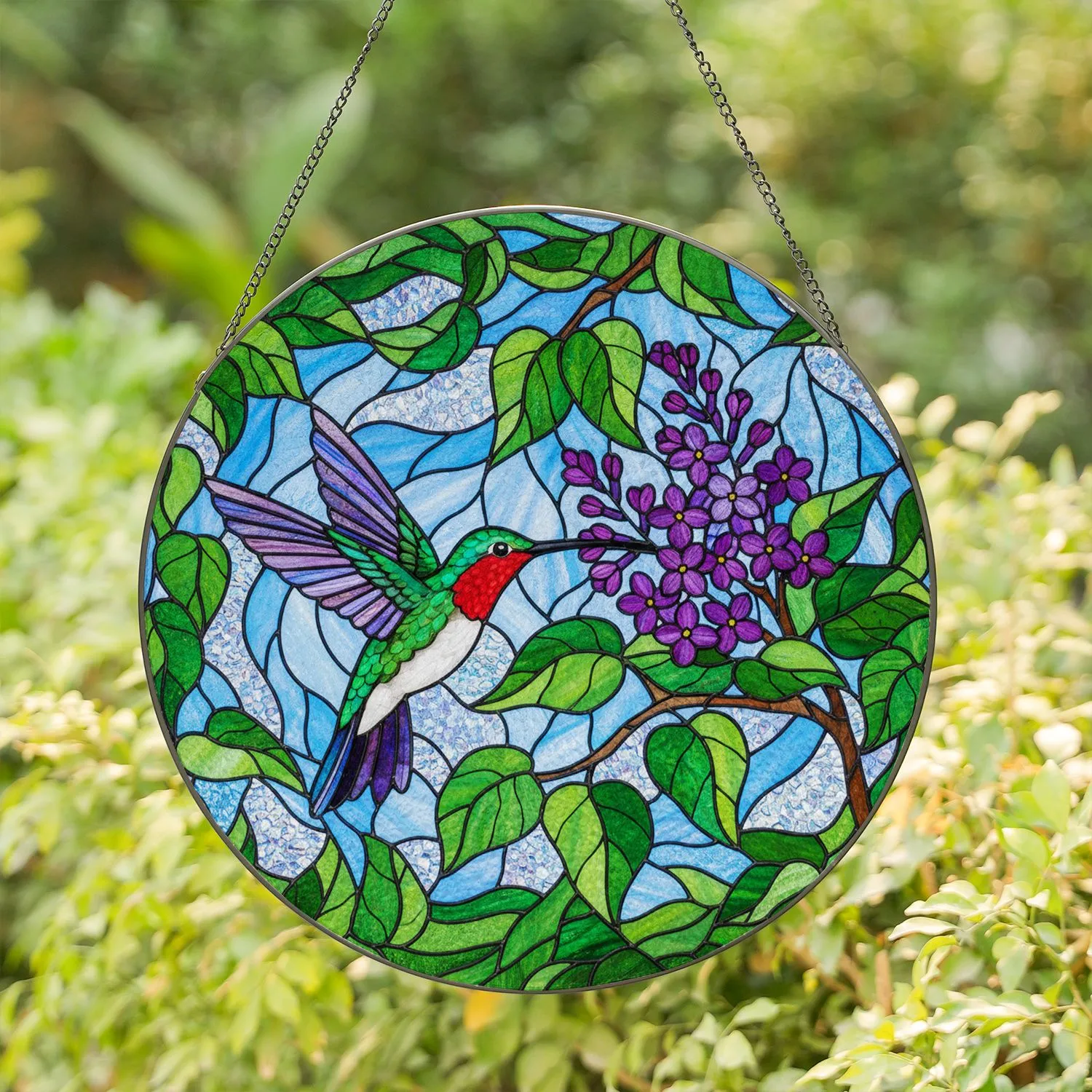 Ruby-throated Hummingbird Tiffany Stained Glass - Lilac Flowers Jewel Tone Art Stained Glass Suncatcher - 1