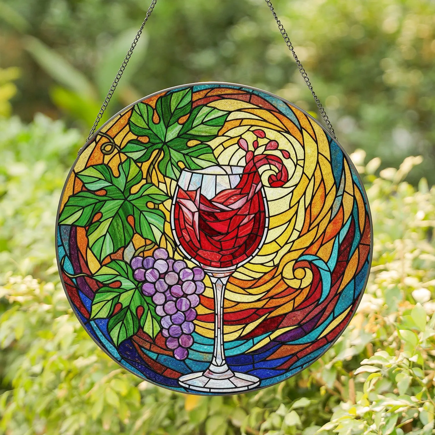 Tiffany Stained Glass Wine Glass Grapevine Grapes Jewel-Toned Intricate Mosaic Art Stained Glass Suncatcher - 1