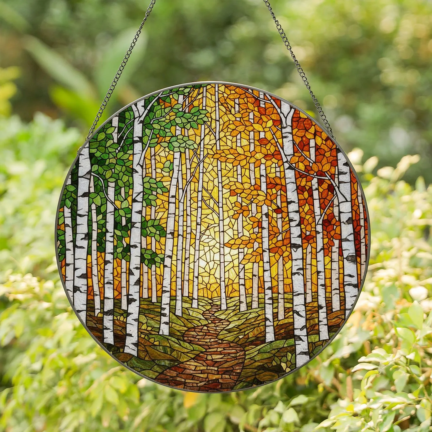 Birch Forest Path Stained Glass Art - Sunrise Glow & Autumn Leaves Tiffany Style Decor Stained Glass Suncatcher - 1