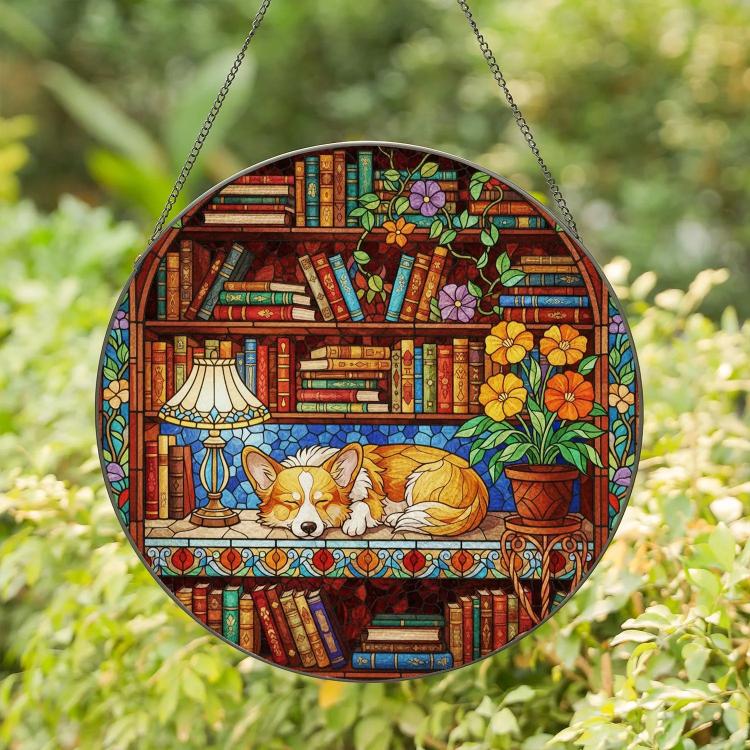 Sleeping Corgi Dog Bookshelf Stained Glass Detailed Lamp Plant Tiffany Window Accent Stained Glass Suncatcher - 1