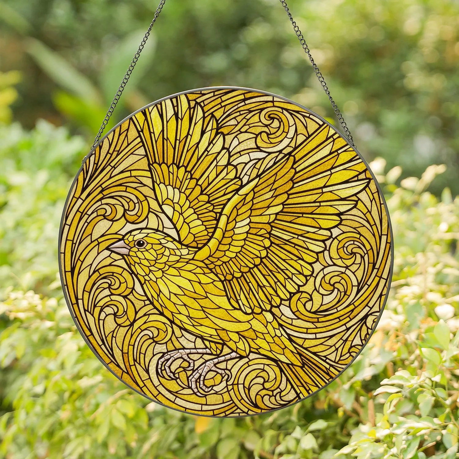 Tiffany Stained Glass Yellow Canary Finch Mid-Flight Bird - Intricate Jewel Tones Stained Glass Suncatcher - 1