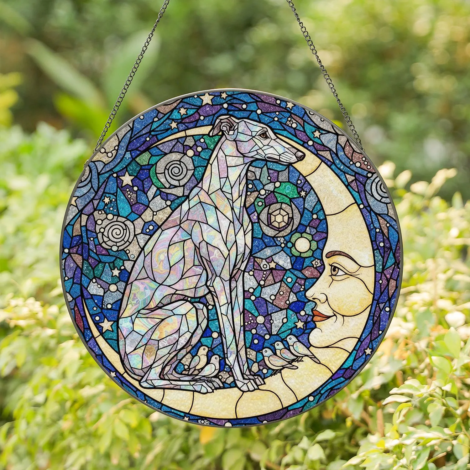 Greyhound Dog Moon Face Stained Glass Art - Iridescent Starry Night Sky Jewel Tones Stained Glass Suncatcher - 1