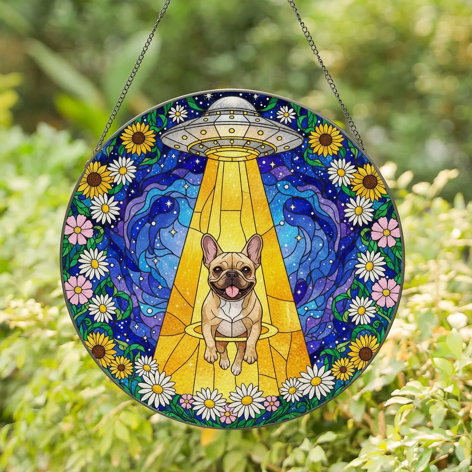 French Bulldog UFO Tractor Beam Alien Stained Glass Flowers Night Sky Dog Lover Gift Stained Glass Suncatcher - 1