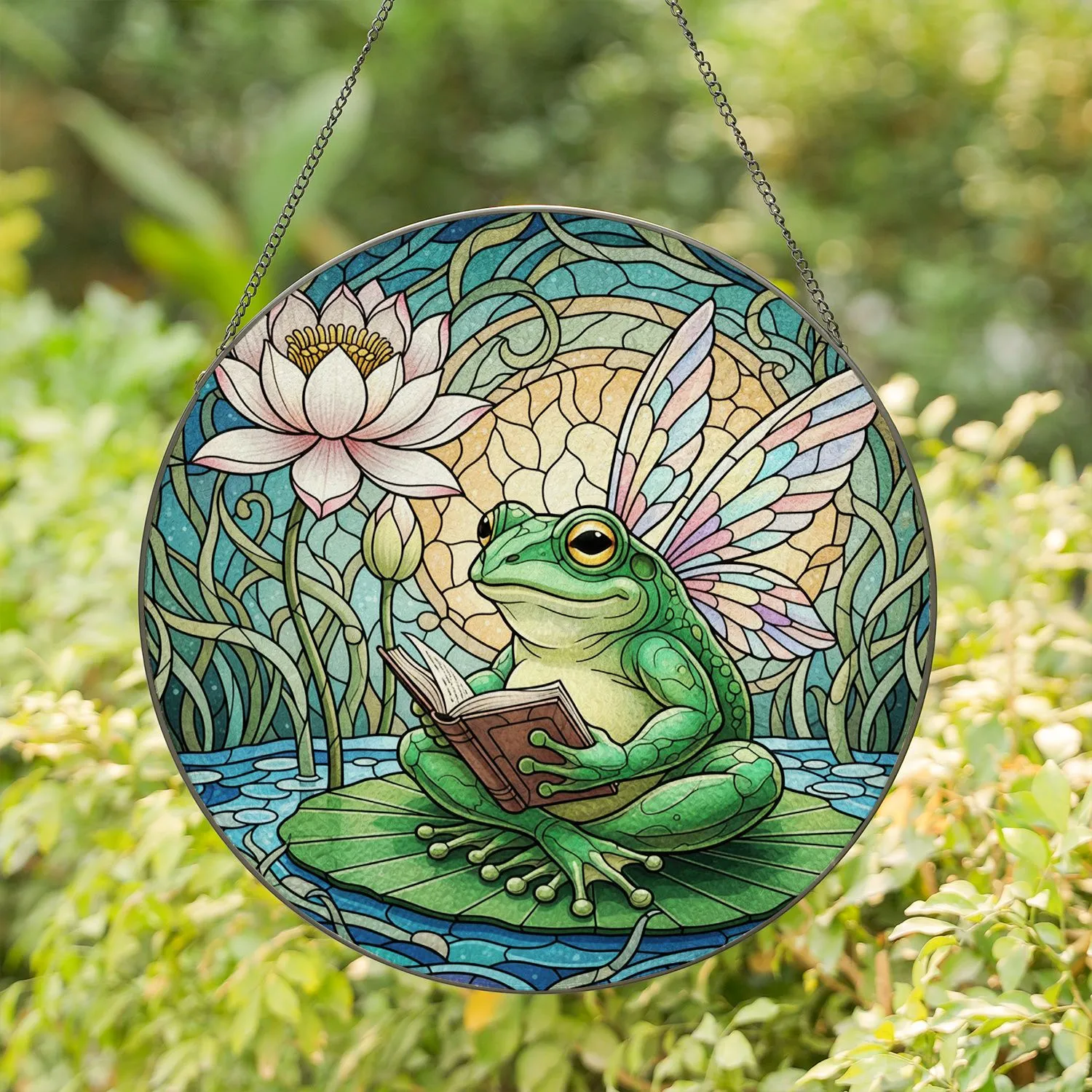 Green Frog Reading Book on Lily Pad Lotus Pond Iridescent Fairy Wings Jewel Tone Stained Glass Suncatcher - 1
