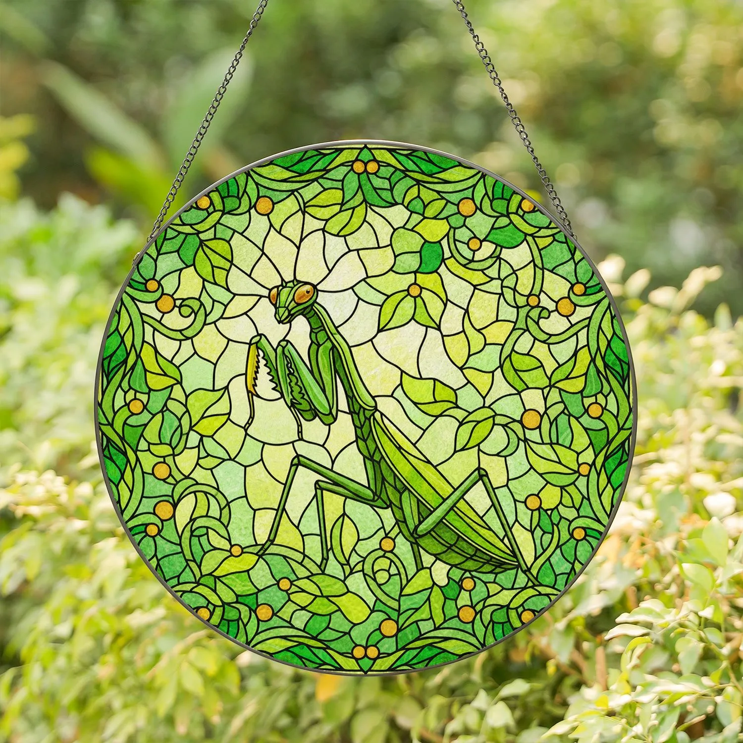 Praying Mantis Stained Glass Art - Tiffany Style Green Foliage Nature Decor Gift Stained Glass Suncatcher - 1