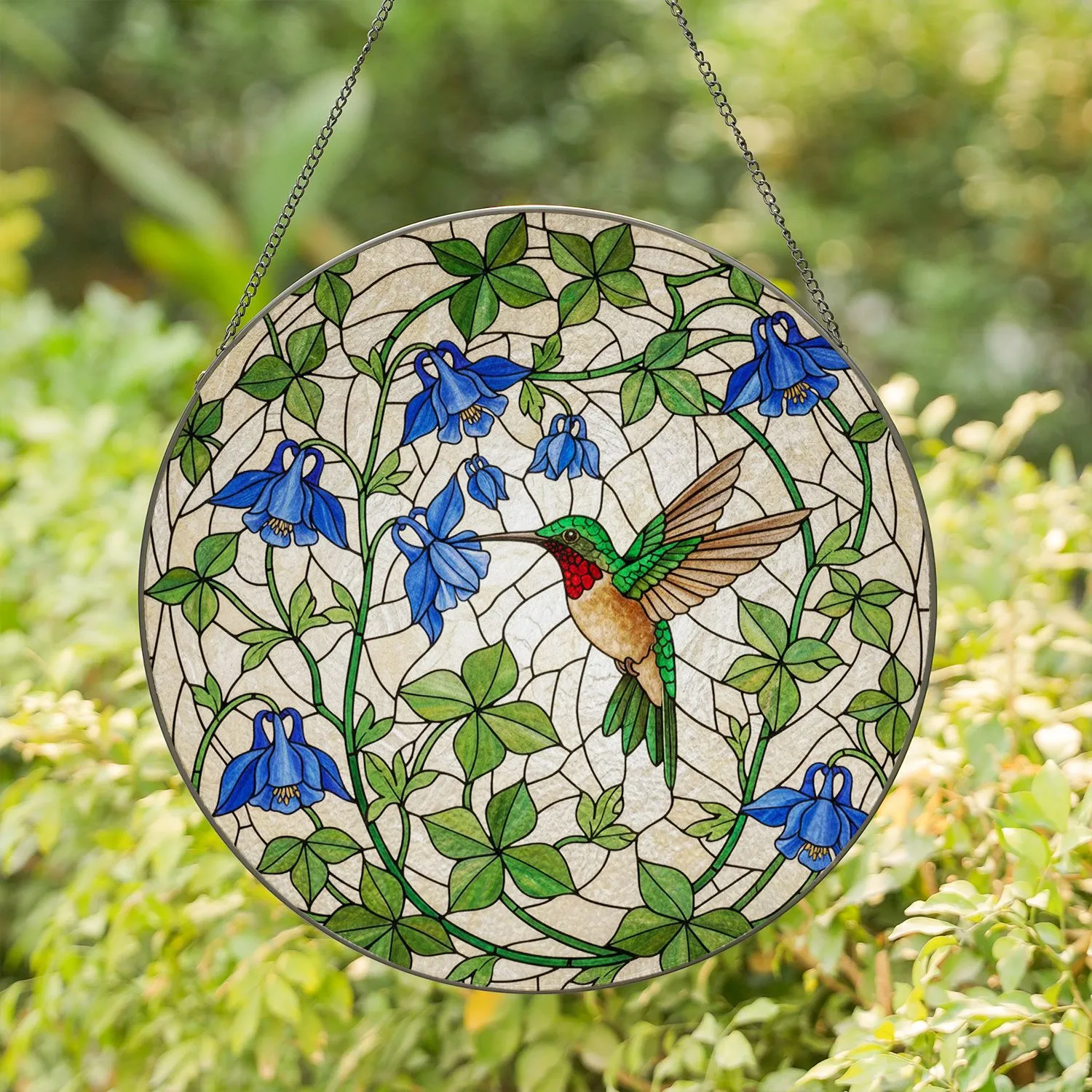 Green Hummingbird Red Throat Blue Columbine Flowers - Tiffany Stained Glass Art Stained Glass Suncatcher - 1