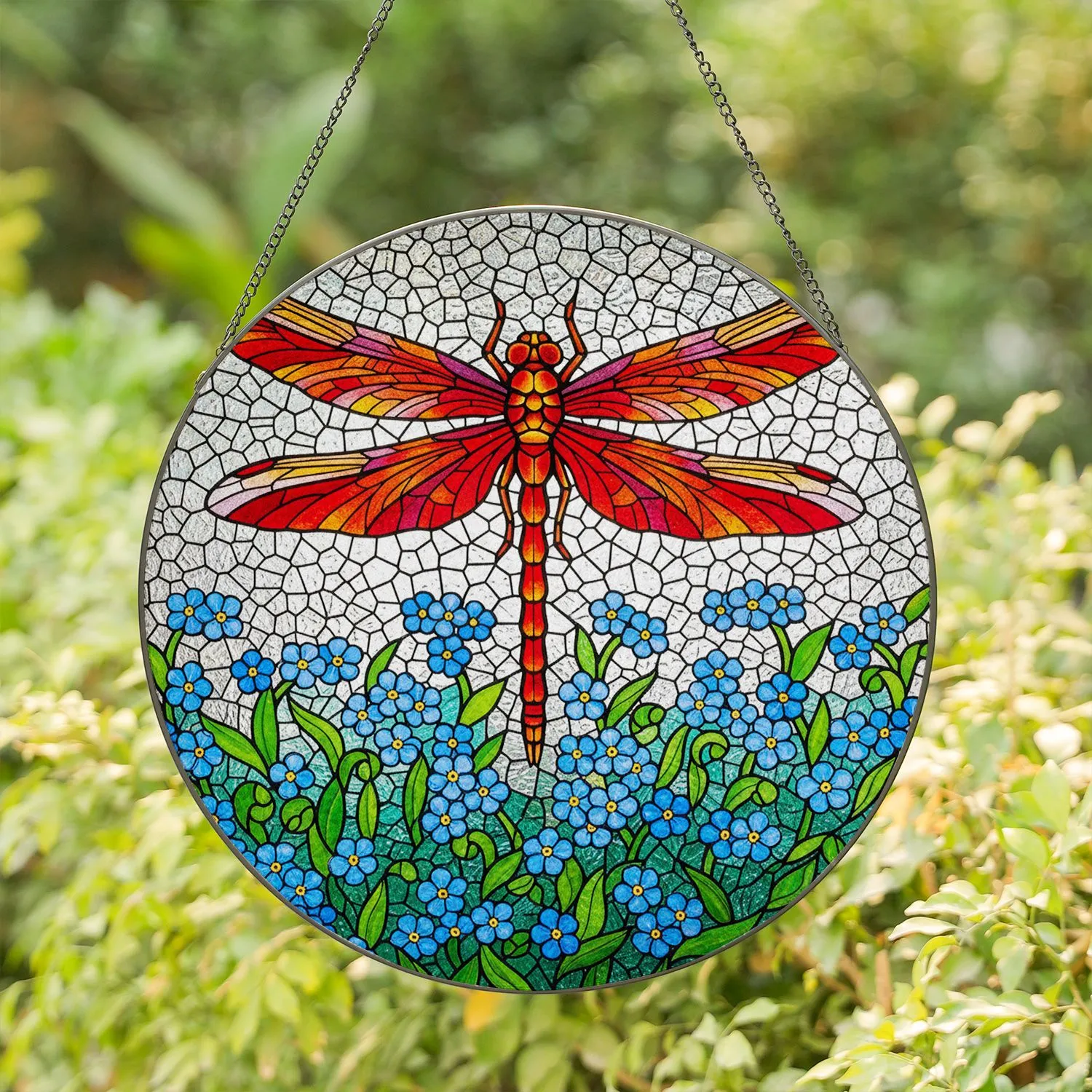 Dragonfly Forget Me Not Flowers Tiffany Glass Stained Glass Nature Garden Art Stained Glass Suncatcher - 1