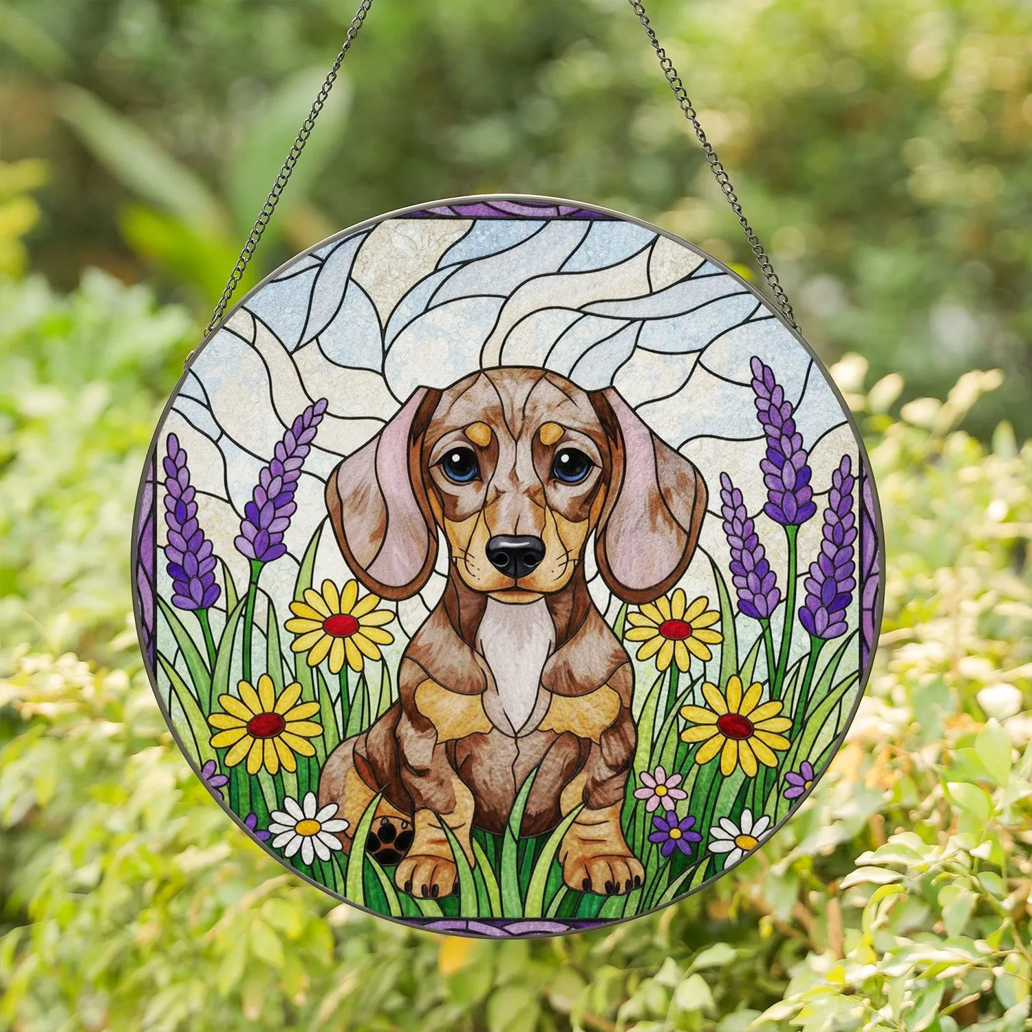 Dapple Dachshund Puppy Stained Glass Wildflower - Jewel Tones Tiffany Style Gift for Dachshund Lovers Stained Glass Suncatcher - 1