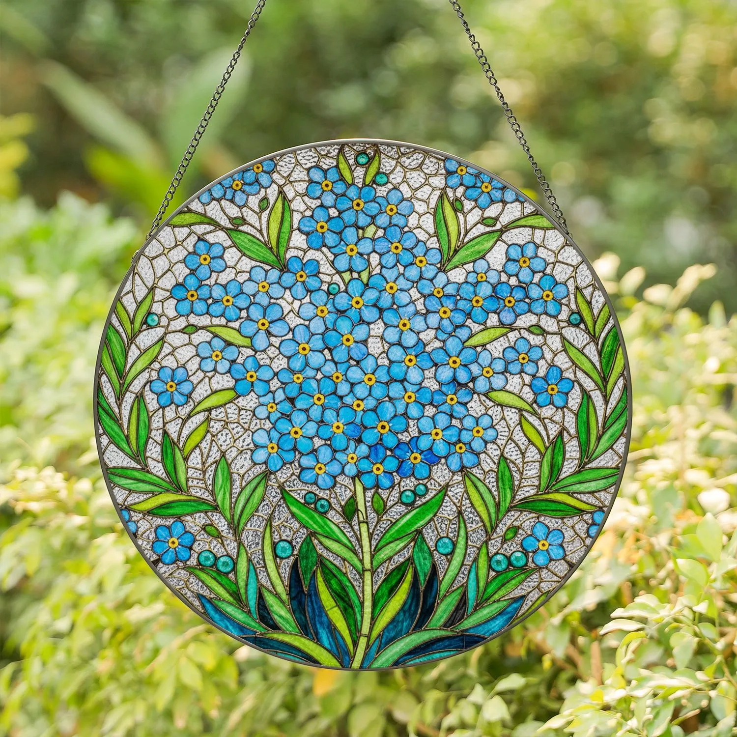 Blue Forget-Me-Not Flower Bouquet Tiffany Style Stained Glass Colorful Mosaic Art Gift Stained Glass Suncatcher - 1
