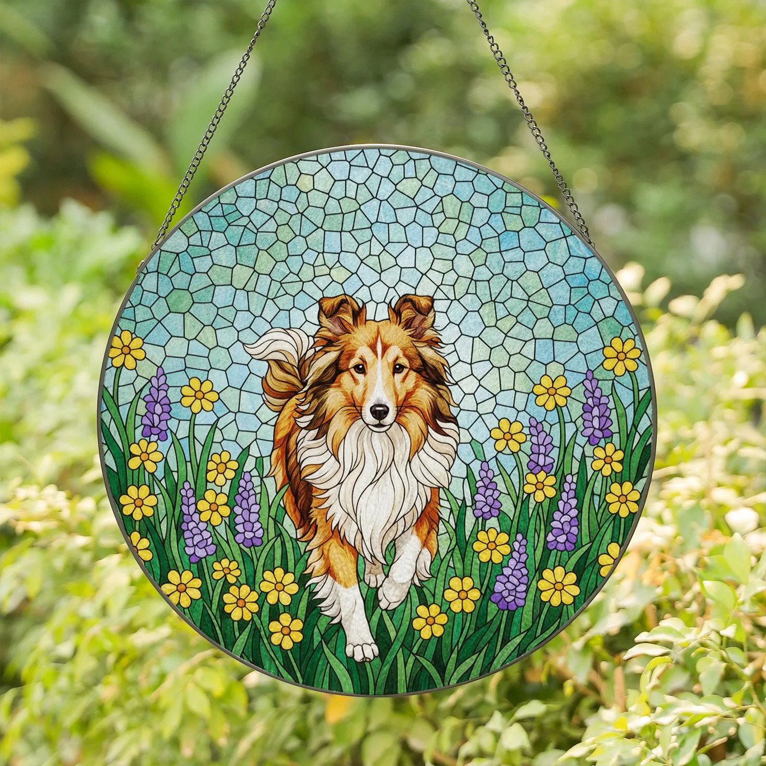 Sheltie Dog Amber White Tiffany Style Stained Glass Wildflower Garden Pet Lover Gift Stained Glass Suncatcher - 1