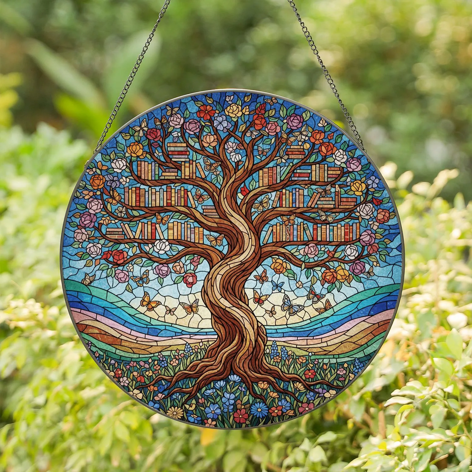 Stained Glass Gnarled Trunk Tree Bookshelf, Butterflies & Wildflowers Serene Landscape Stained Glass Suncatcher - 1