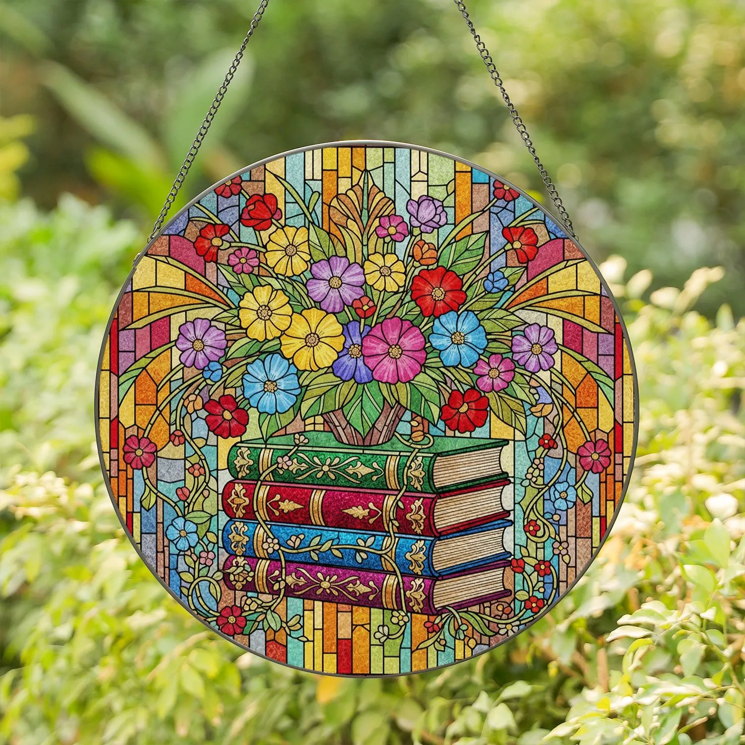 Tiffany Stained Glass Books Flowers Mosaic - Abundant Blooming Floral Vines Cascade Stained Glass Suncatcher - 1
