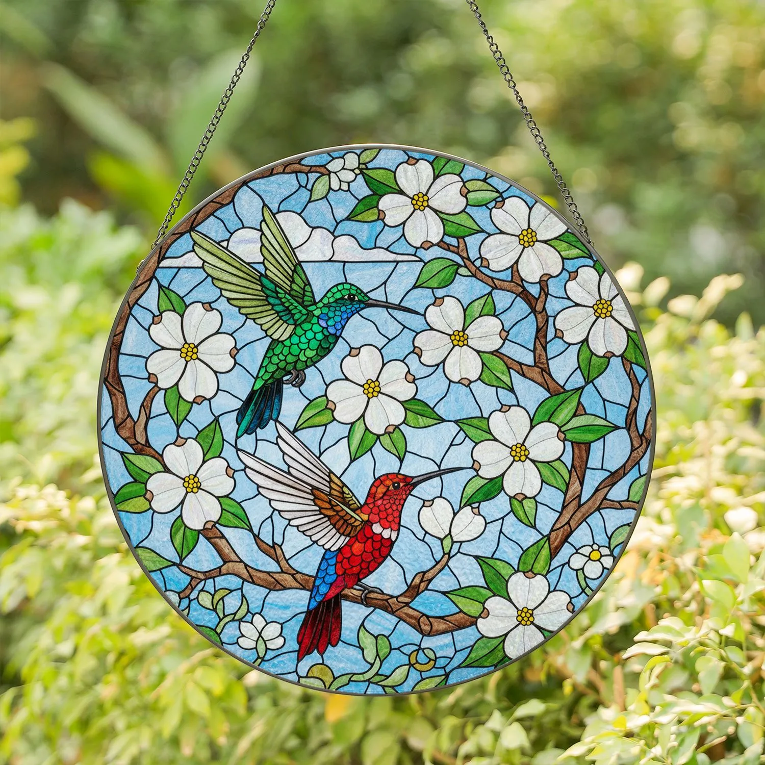 Two Hummingbirds Dogwood Flowers Stained Glass Mosaic – Glowing Tiffany Jewel Tone Art Stained Glass Suncatcher - 1