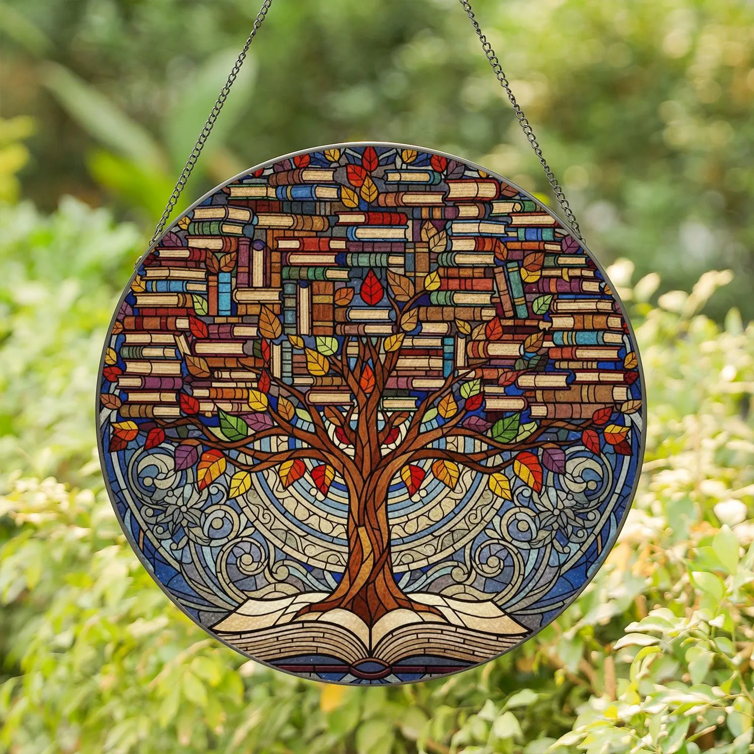 Tiffany Stained Glass Tree of Knowledge Book Stacks & Mosaic Academic Art Gift Stained Glass Suncatcher - 1
