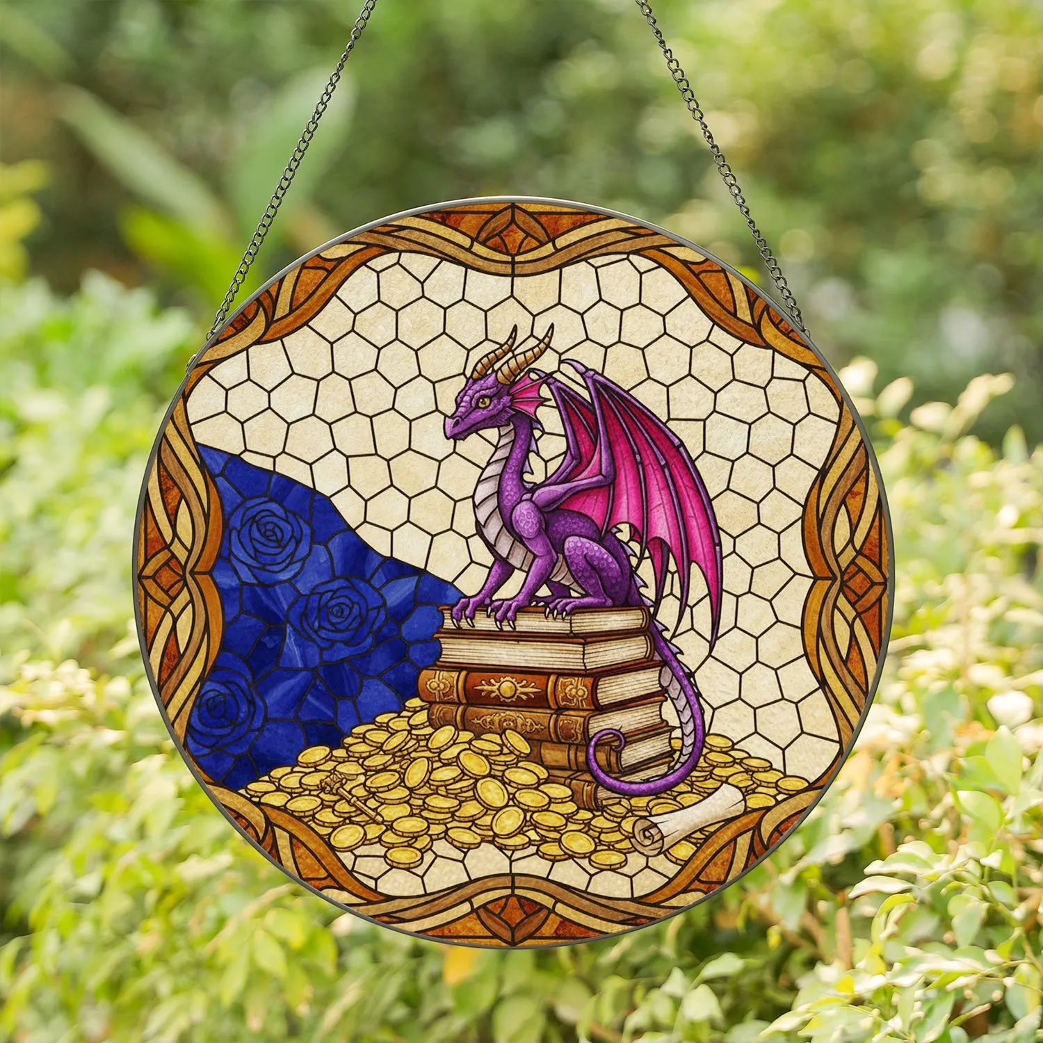 Regal Purple Dragon on Antique Books with Treasure - Stained Glass Jewel Tones Art Stained Glass Suncatcher - 1