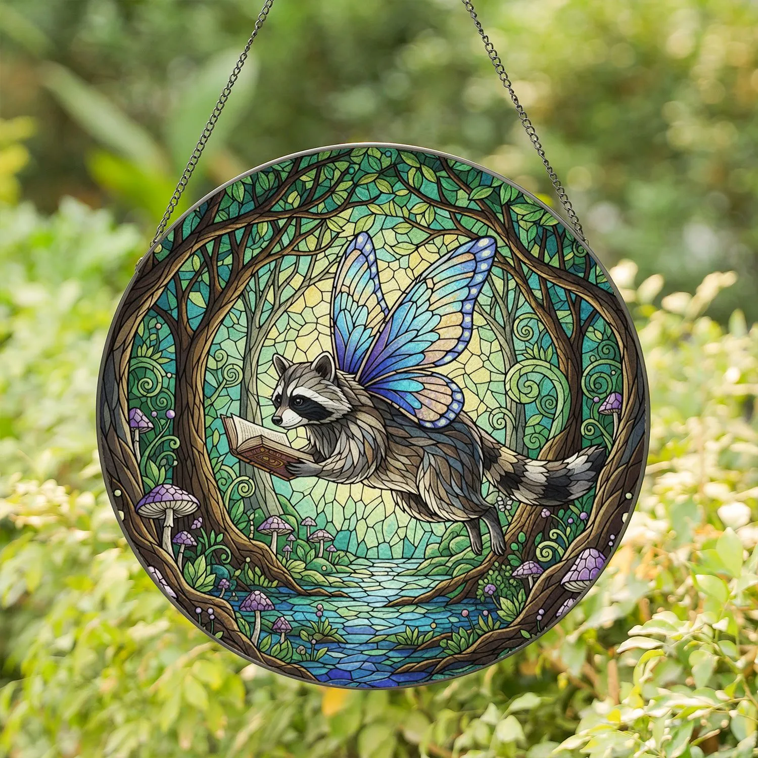 Raccoon Butterfly Book - Enchanted Forest Tiffany Style Stained Glass Mosaic Decor Stained Glass Suncatcher - 1