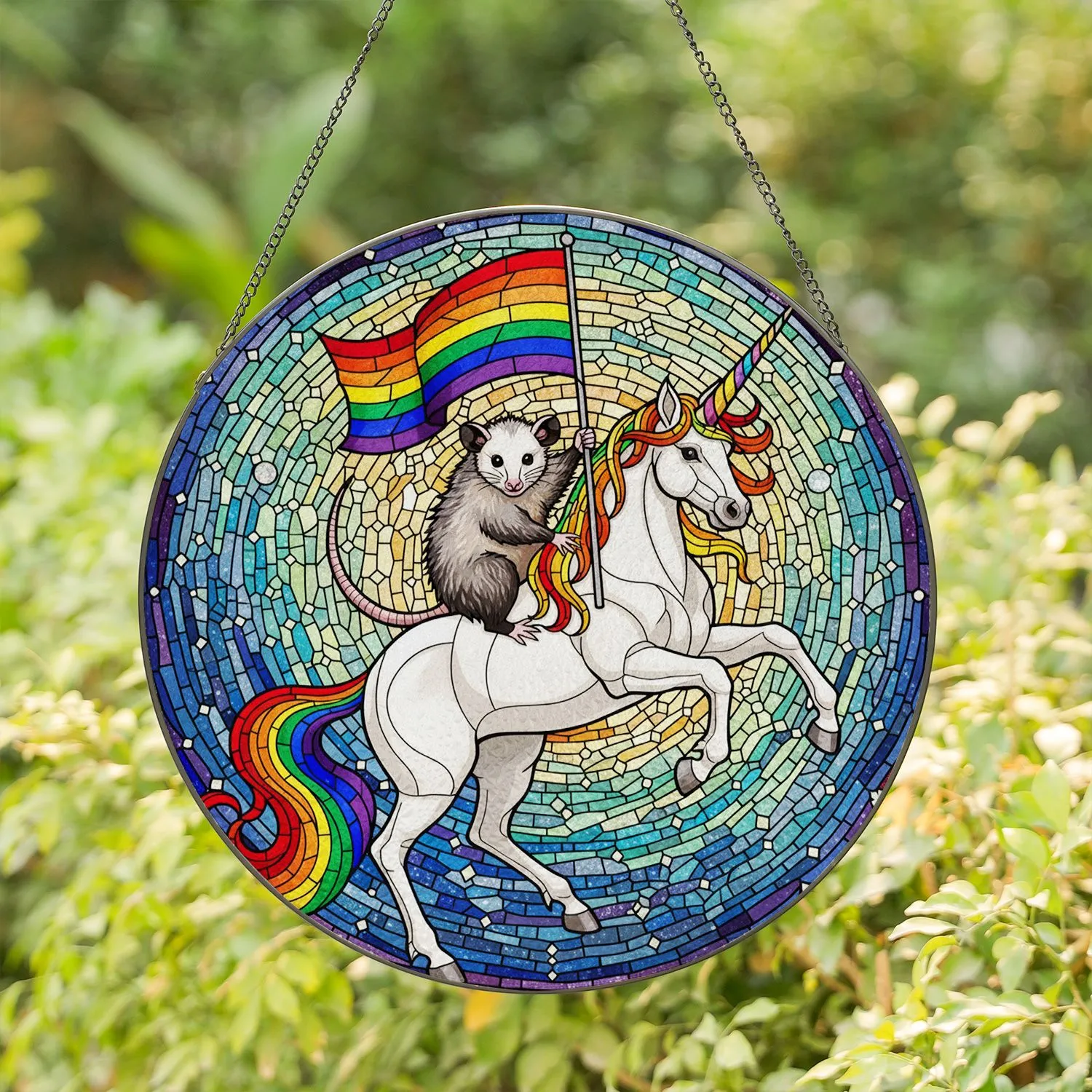 Opossum Riding Unicorn Rainbow Pride Flag Stained Glass Tiffany Mosaic Jewel Tone Art Stained Glass Suncatcher - 1