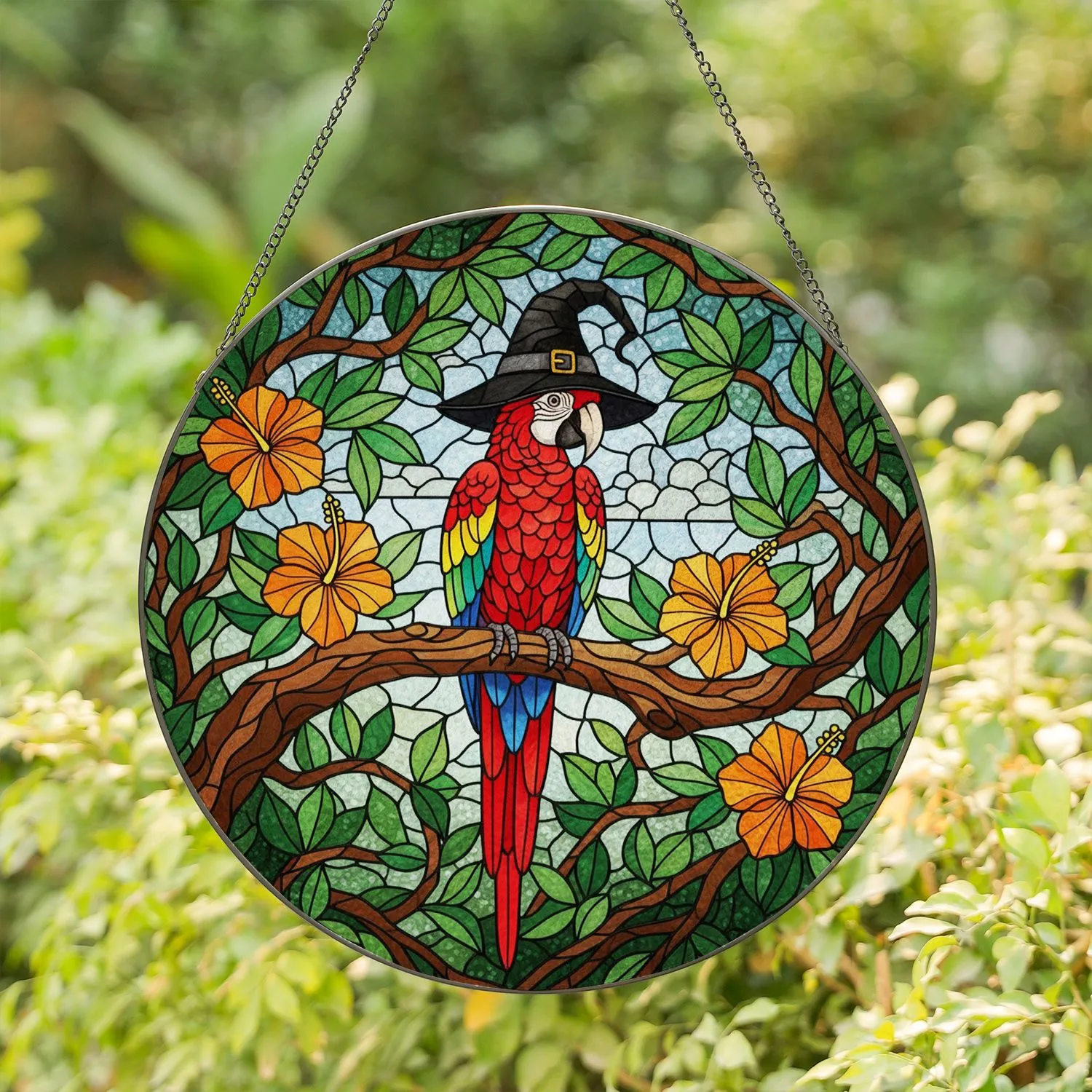 Macaw Parrot Witch Hat Stained Glass Tropical Flowers Mosaic Art - Glowing Tiffany Stained Glass Suncatcher - 1