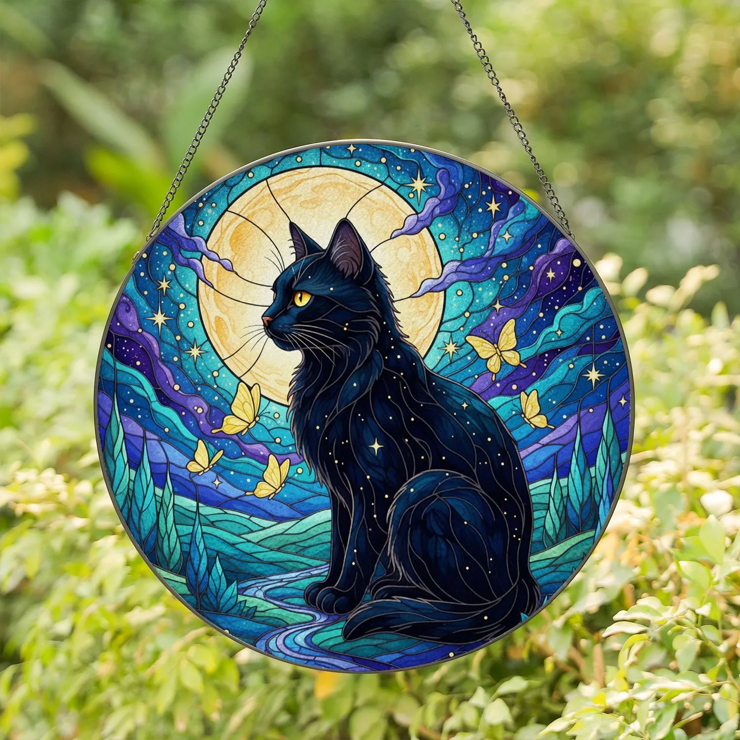 Black Cat Glowing Eyes Full Moon Night Sky Stained Glass - Tiffany Style Art Decor Stained Glass Suncatcher - 1