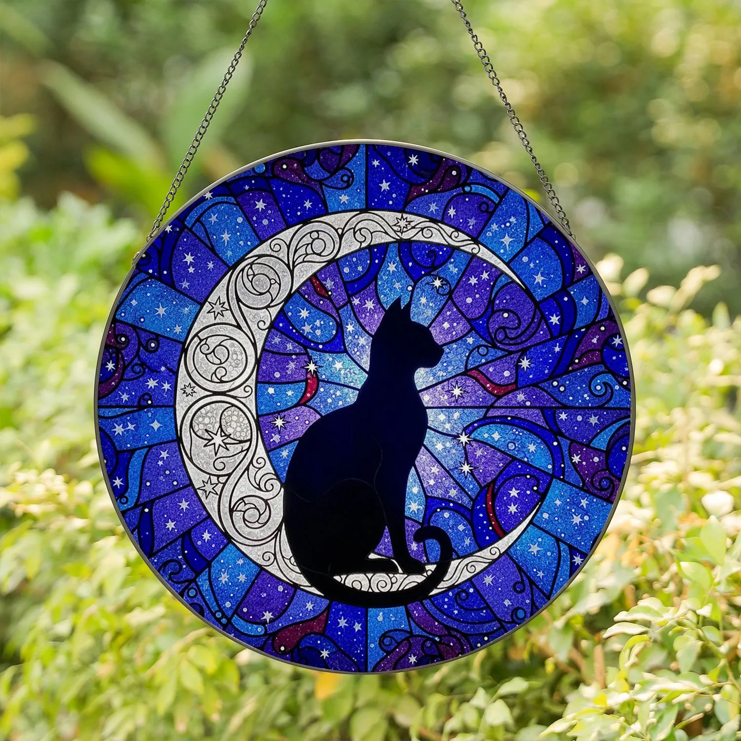 Black Cat Crescent Moon Stained Glass Celestial Mosaic Art - Tiffany Style Filigree Stars Stained Glass Suncatcher - 1