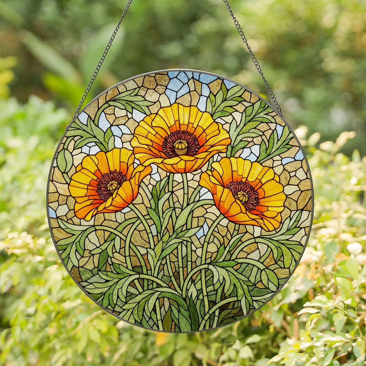 Stained Glass Poppy Flower Floral Art - Tiffany Jewel Tone Mosaic Garden Decor Gift Stained Glass Suncatcher - 1