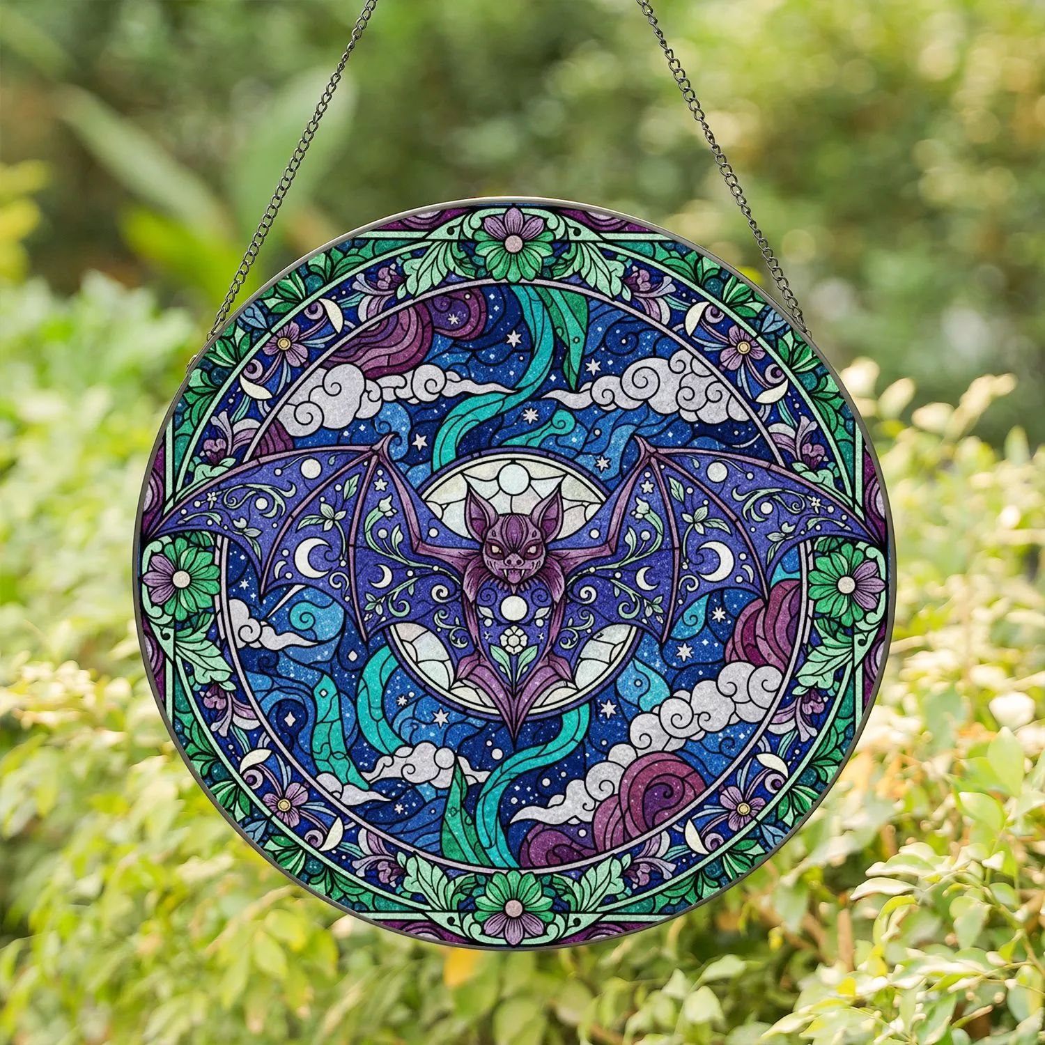 Stained Glass Bat Folk Art - Botanical Celestial Filigree Tiffany Wildlife Art Stained Glass Suncatcher - 1