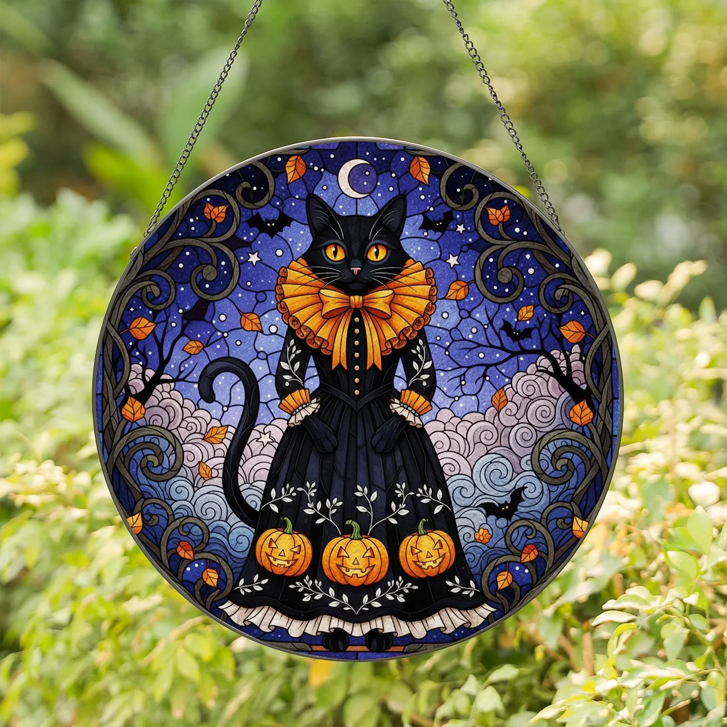 Black Cat Jack-O'-Lantern Stained Glass - Gothic Halloween Decor & Autumn Cat Lover Gift Stained Glass Suncatcher - 1
