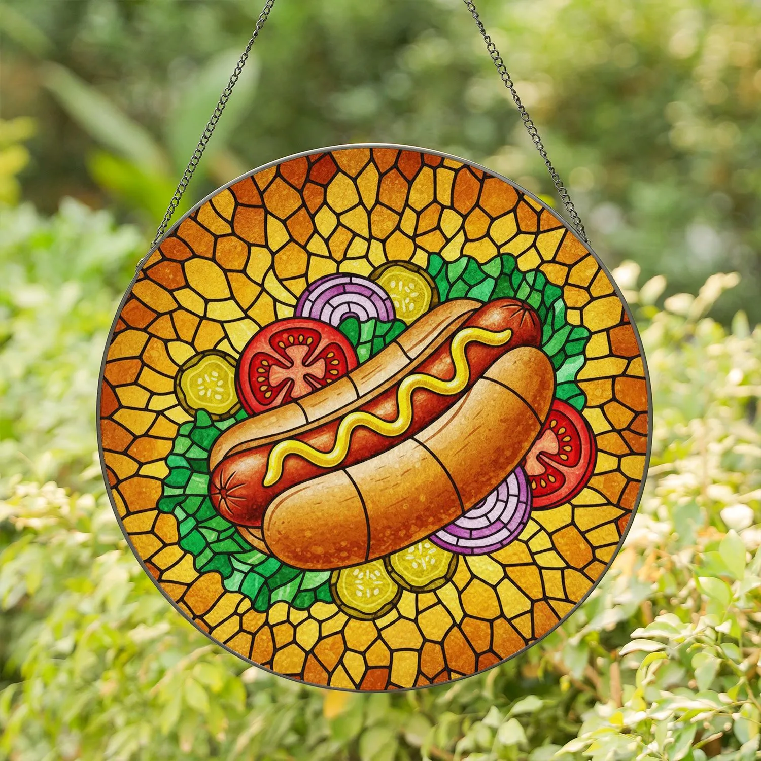 Plump Hot Dog Stained Glass with Mustard, Relish & Toppings - Summer Foodie Gift Stained Glass Suncatcher - 1