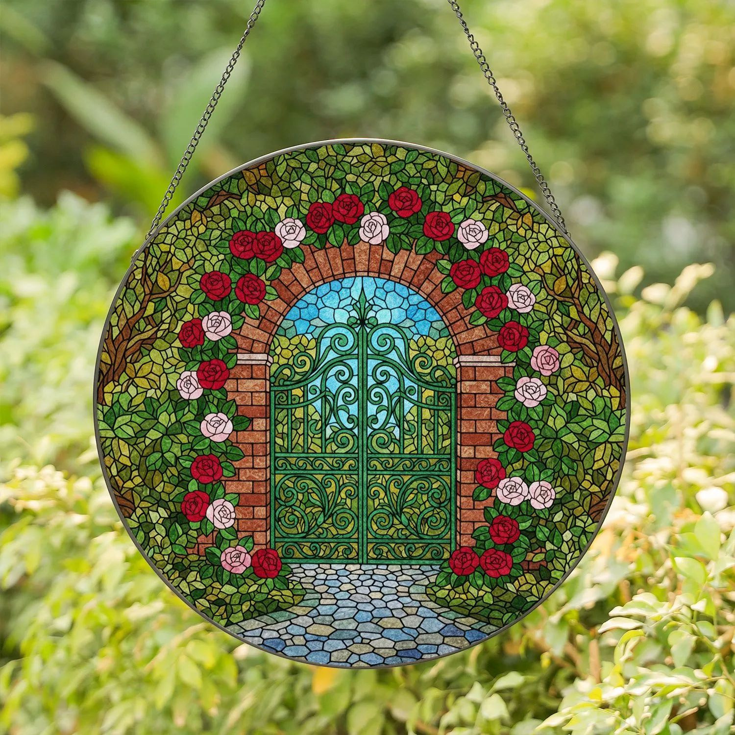 Ornate Garden Gate Roses Brick Archway - Tiffany Style Glass Art Home Decor Gift Stained Glass Suncatcher - 1