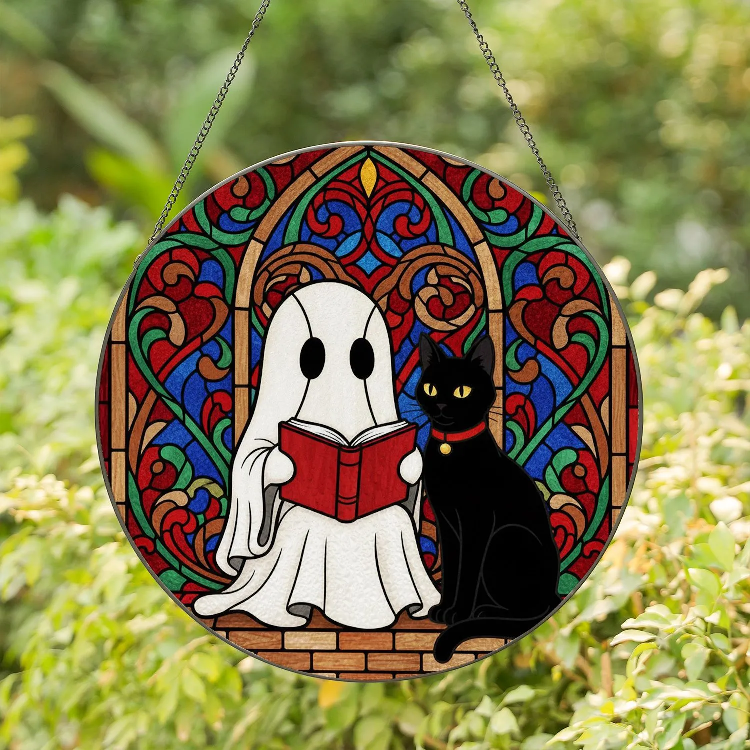 Tiffany Glass Ghost Black Cat Reading Red Book Gothic Window Frame Intricate Decor Stained Glass Suncatcher - 1