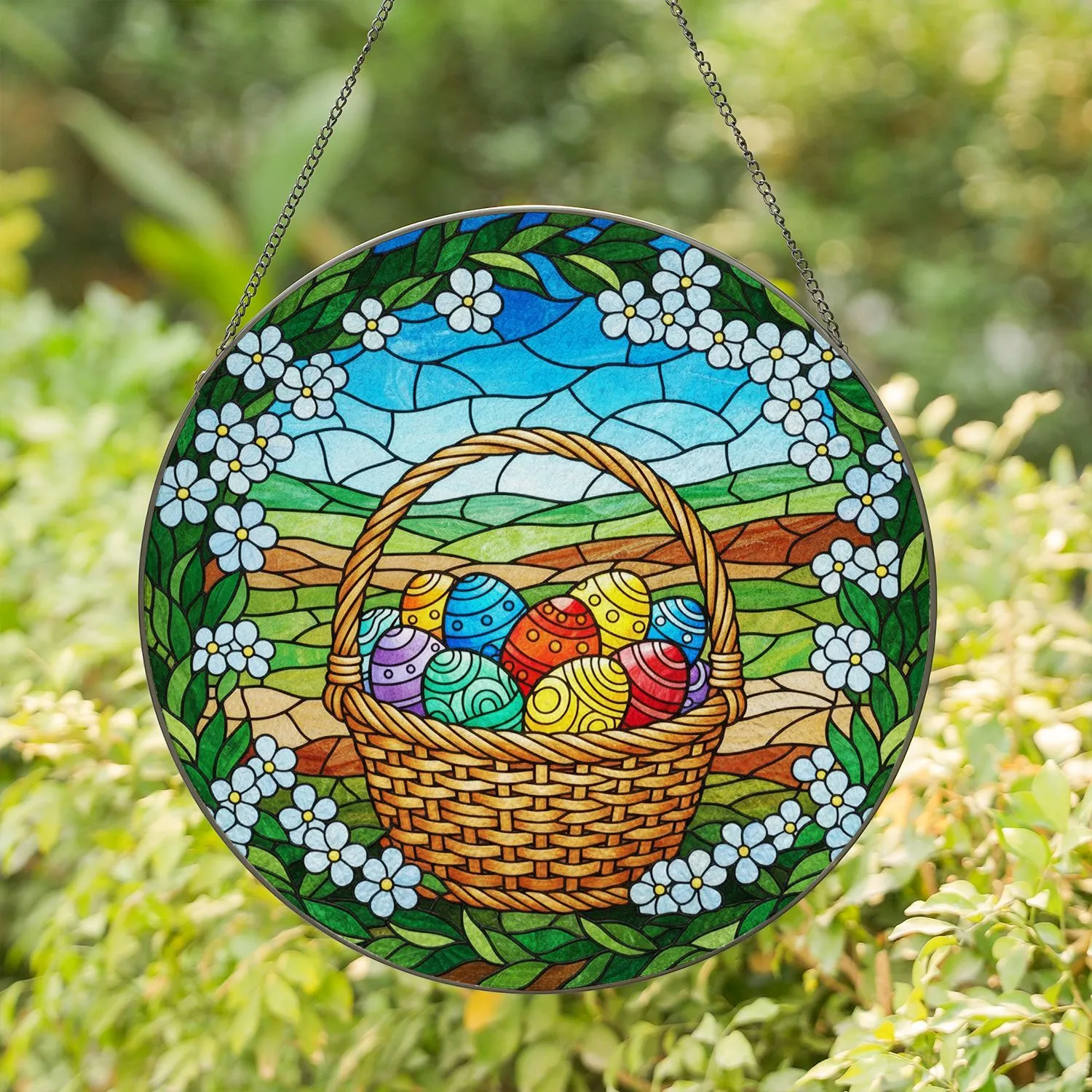 Woven Wicker Basket Easter Eggs - Spring Blossom Foliage Decor Gift for Women Stained Glass Suncatcher - 1