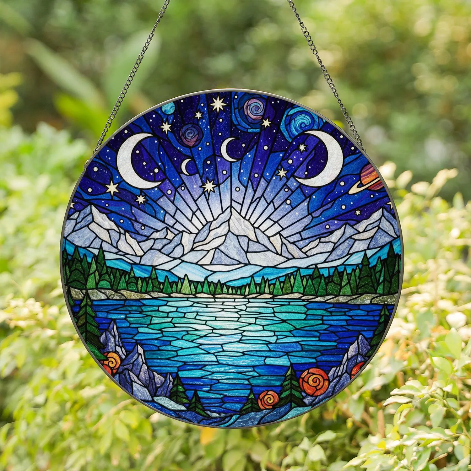 Snowy Mountain Lake Starry Night Sky Dual Moons Glowing Intricate Cosmic Stained Glass Art Stained Glass Suncatcher - 1