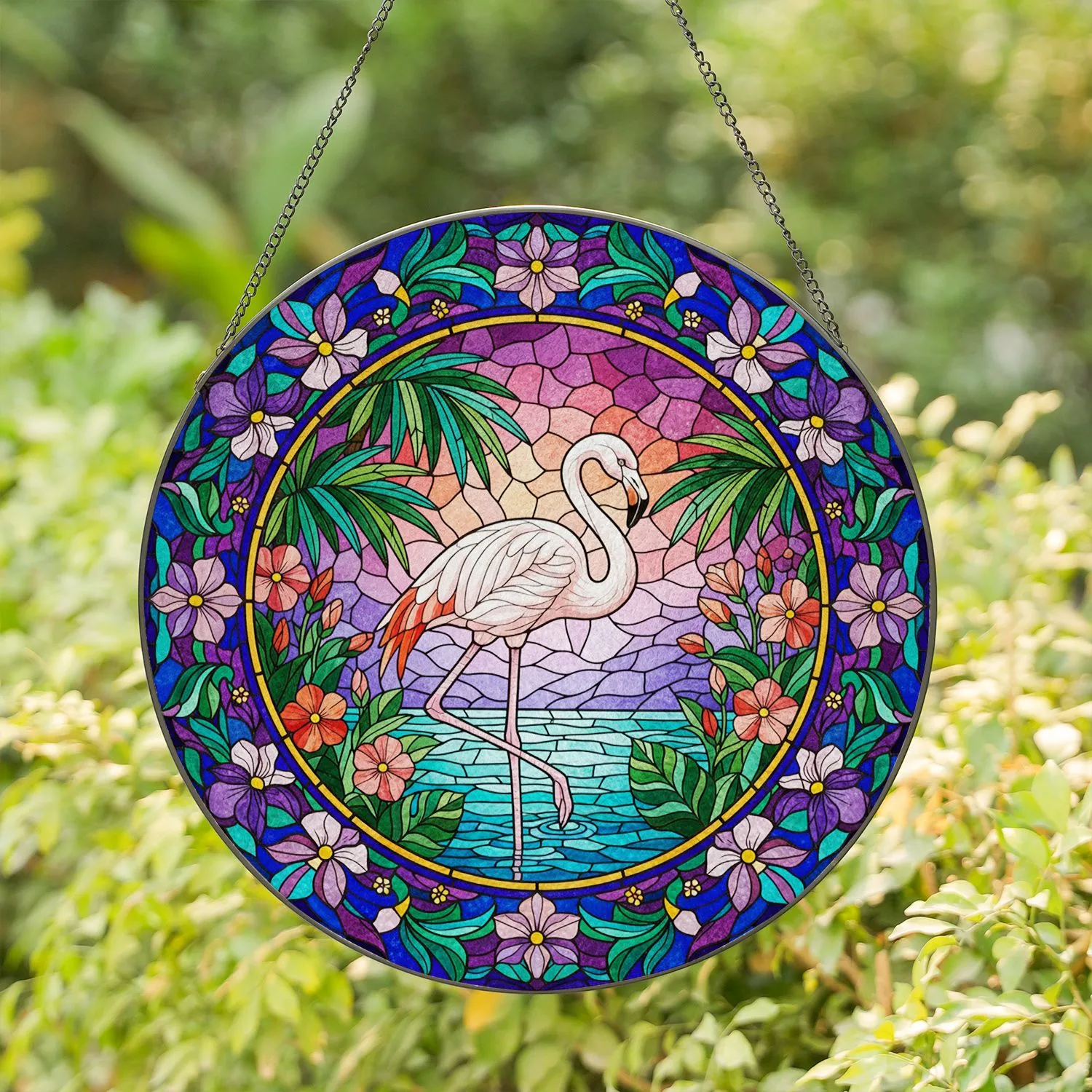 White Flamingo Tropical Flowers Palm Fronds - Tiffany Glass Style Jewel Tones Mosaic Sky Stained Glass Suncatcher - 1