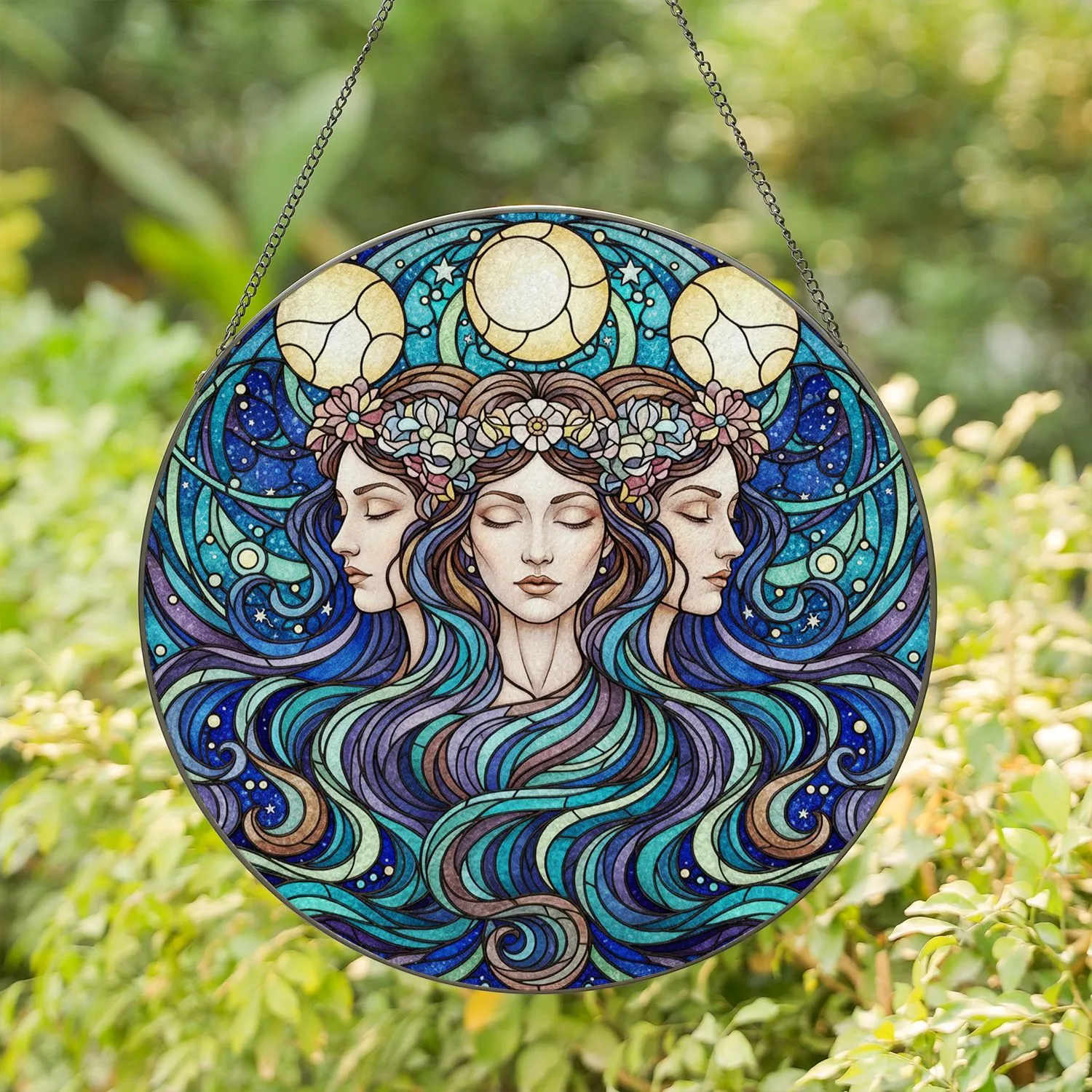 Triple Goddess Full Moons Celestial Stars - Tiffany Style Stained Glass Spiritual Art Stained Glass Suncatcher - 1
