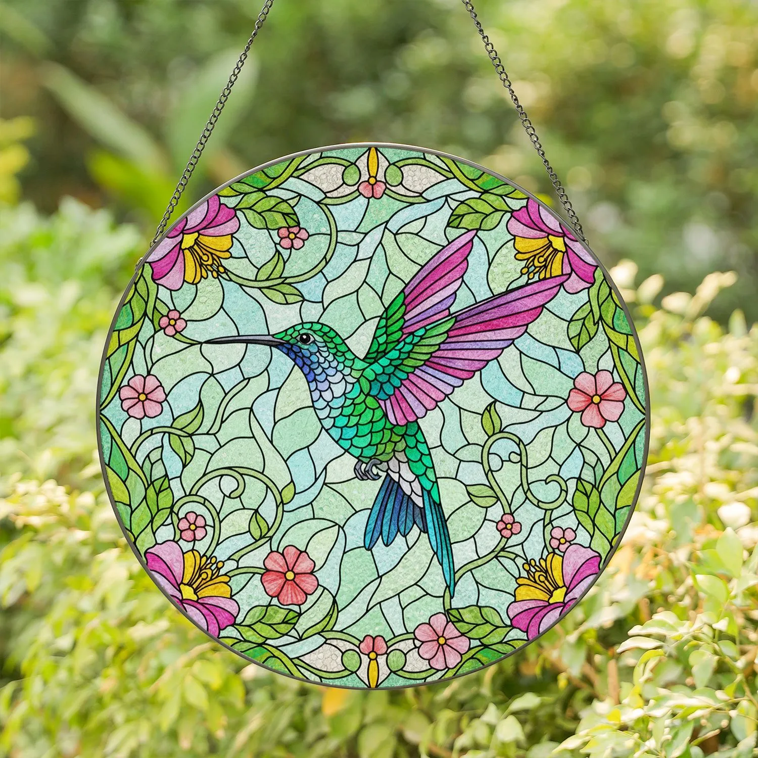 Hummingbird Stained Glass Floral Art - Tiffany Style Colorful Intricate Mosaic Design Stained Glass Suncatcher - 1