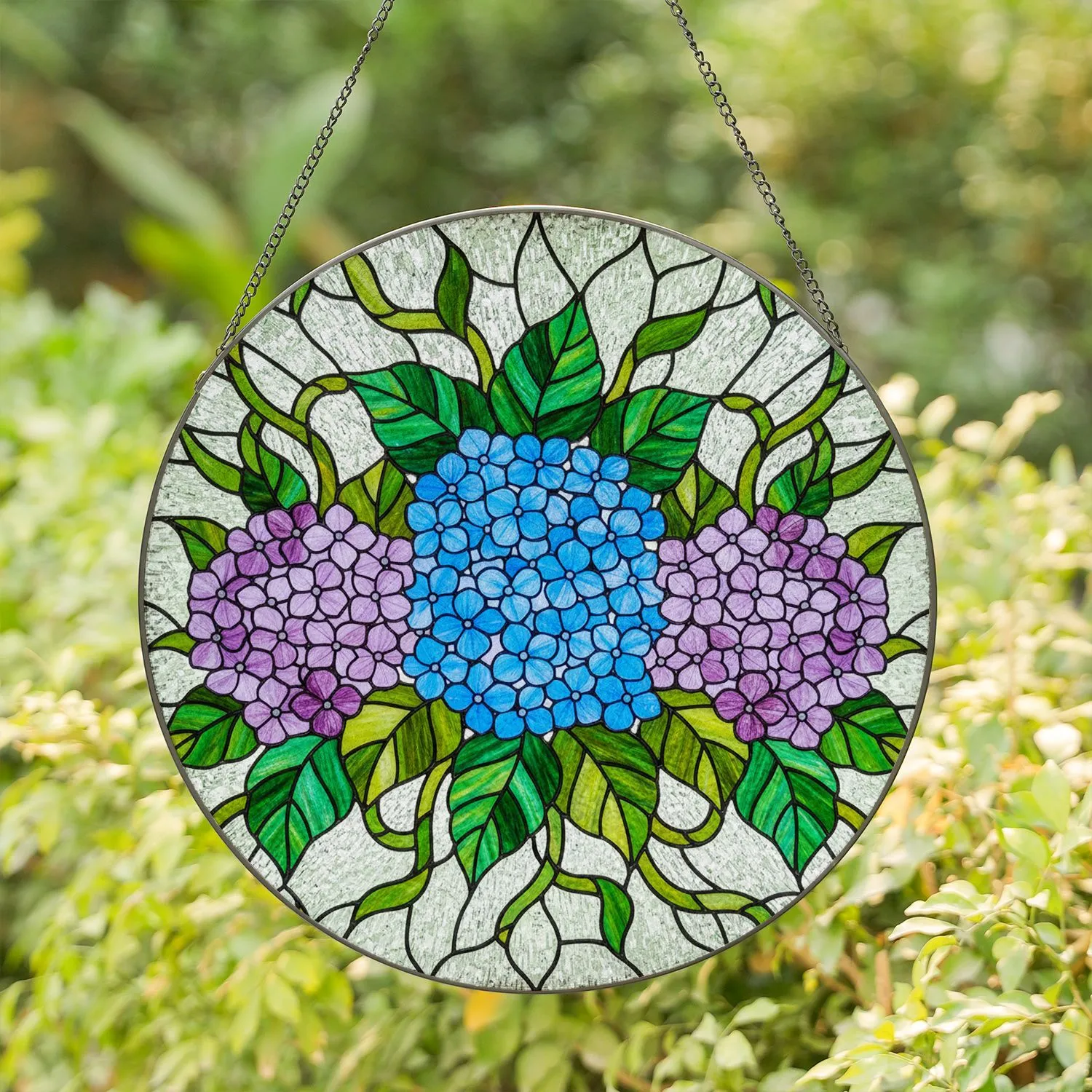 Hydrangea Flower Stained Glass Art - Tiffany Style Blue Lavender Purple Green Mosaic Gift Stained Glass Suncatcher - 1