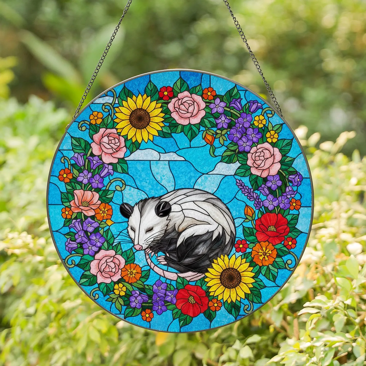 Opossum Stained Glass Art - Tiffany Style Wild Garden Flowers Glowing Blue Sky Stained Glass Suncatcher - 1