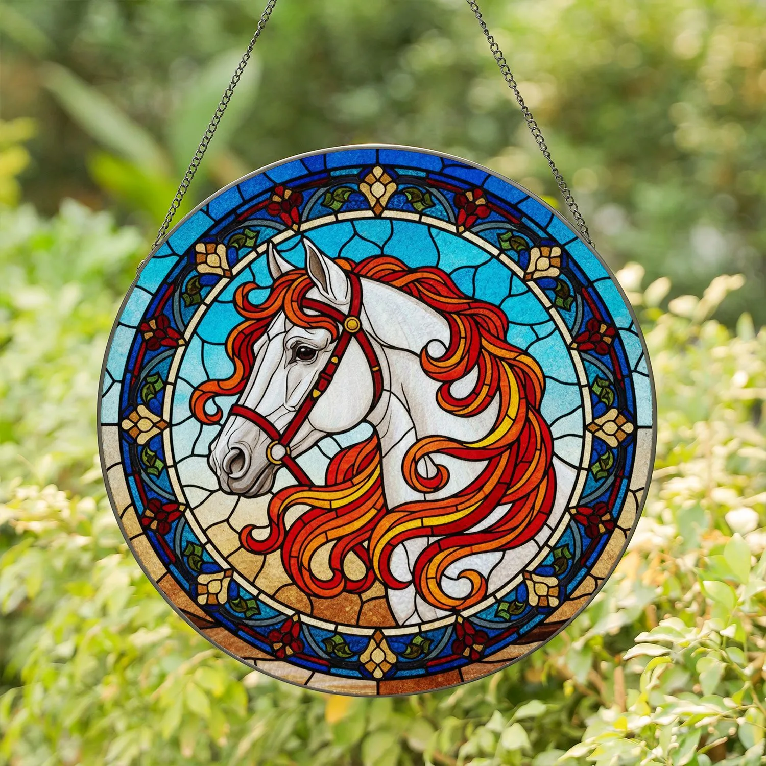 White Horse Head Stained Glass Mosaic Art - Tiffany Style Gold Red Mane Intricate Patterns Stained Glass Suncatcher - 1