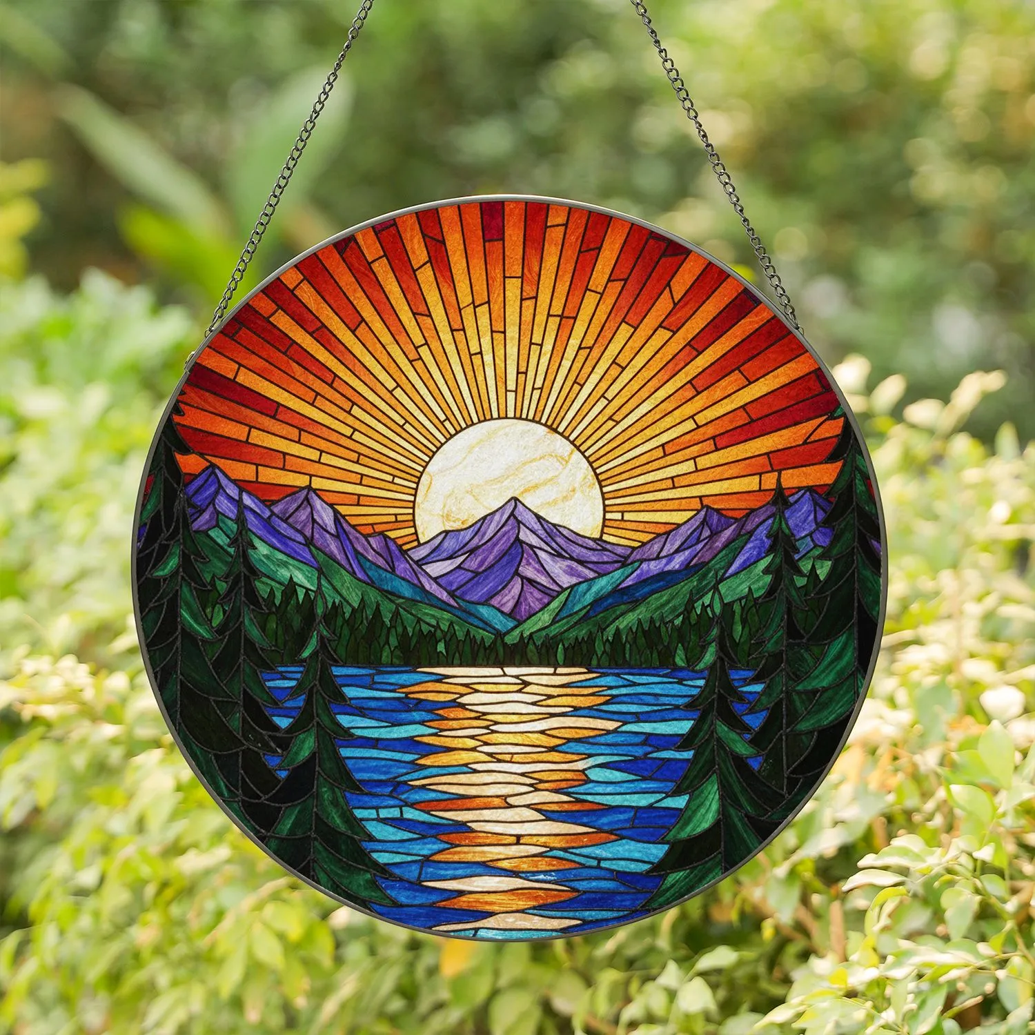 Luminous Sun Mountain Lake Evergreen Trees Tiffany Stained Glass Art Home Decor Gift Stained Glass Suncatcher - 1