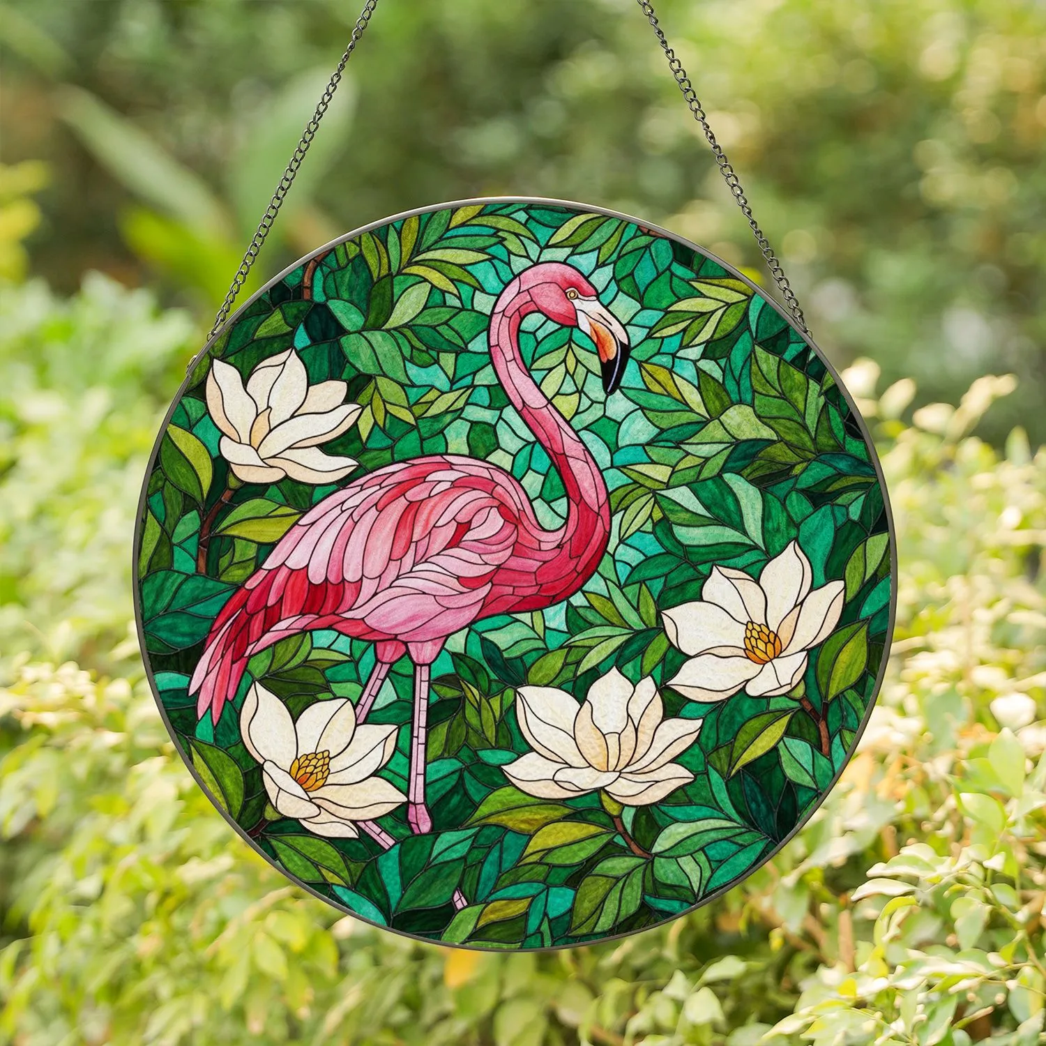Pink Flamingo Tiffany Stained Glass - Intricate Tropical Jungle Magnolia Art Stained Glass Suncatcher - 1