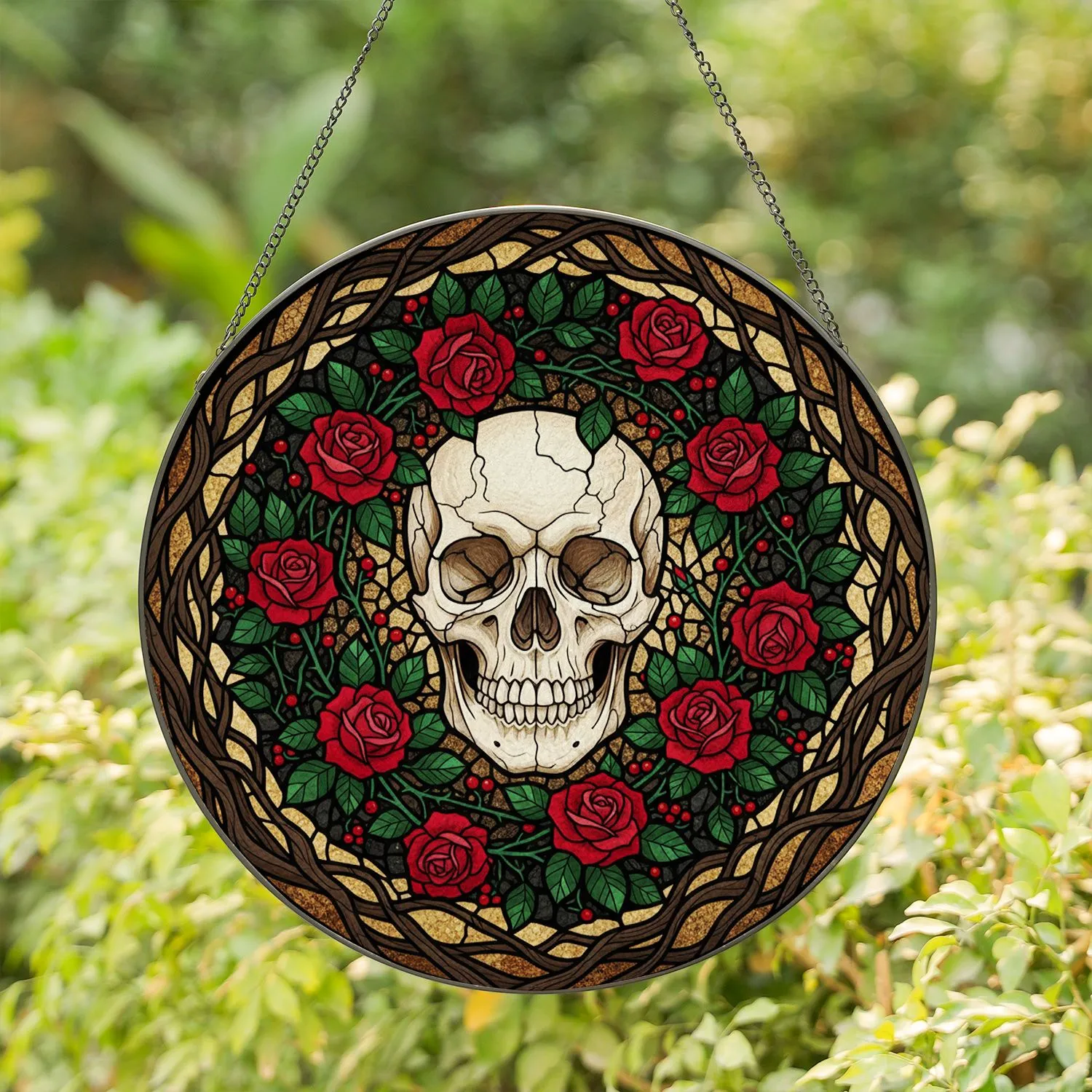 Intricate Skull Red Roses Dark Vines Tiffany Style Stained Glass - Translucent Jewel Tones Stained Glass Suncatcher - 1