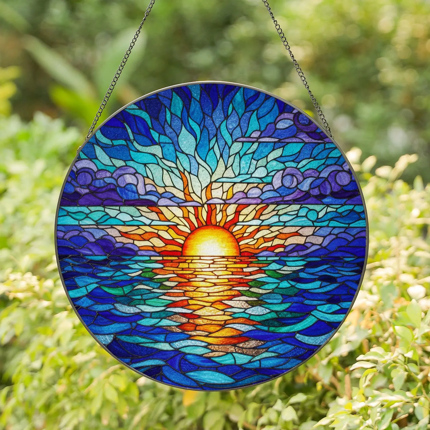 Stained Glass Sun Over Water Ocean Lake - Intricate Mosaic Glowing Jewel Tones Art Stained Glass Suncatcher - 1