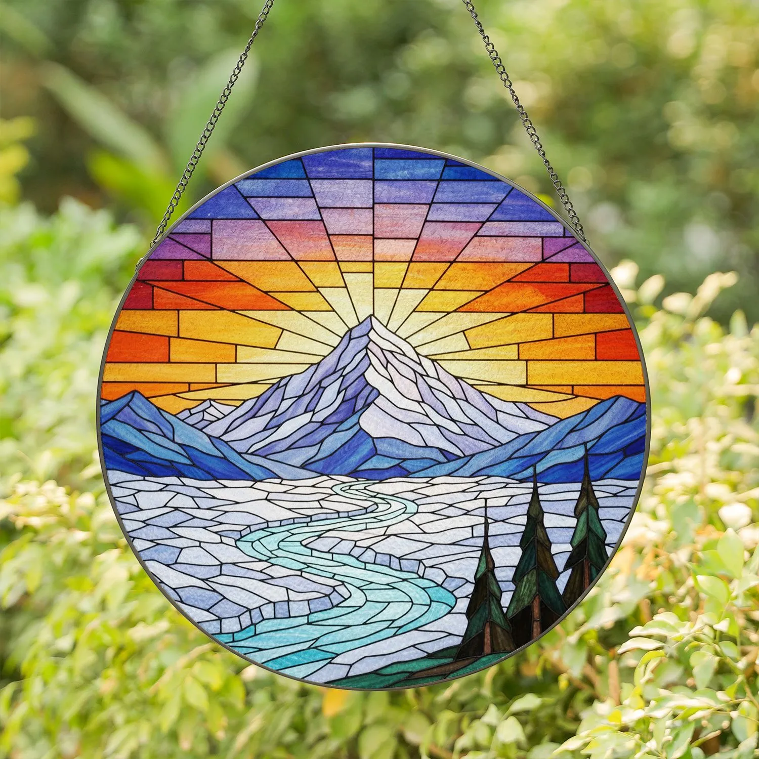 Snowy Mountain Glacier River Evergreen Tiffany Stained Glass Sunset Sunrise Sky Art Stained Glass Suncatcher - 1