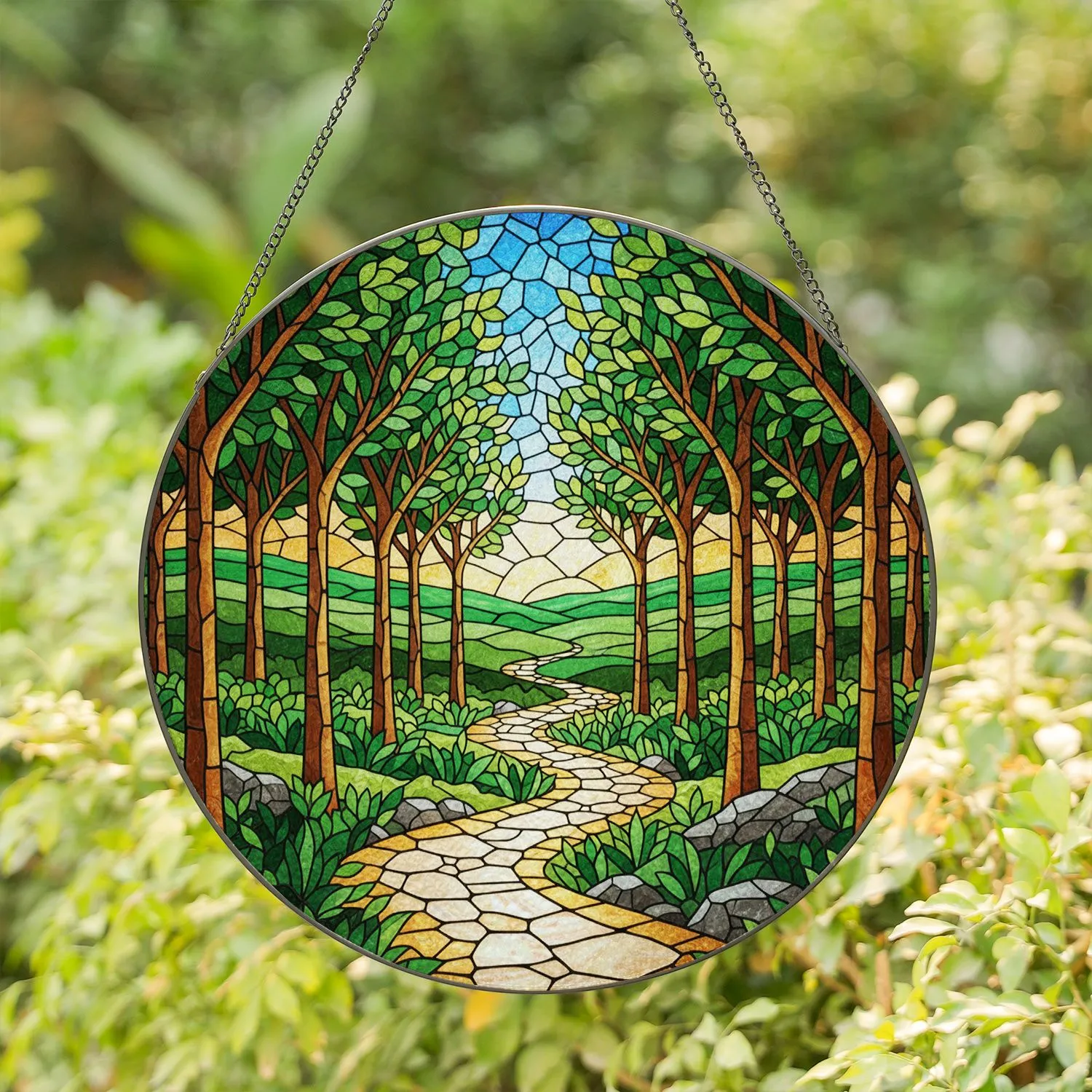 Winding Path Stained Glass Art - Sun-Drenched Stream & Forest Hills Tiffany Design Stained Glass Suncatcher - 1